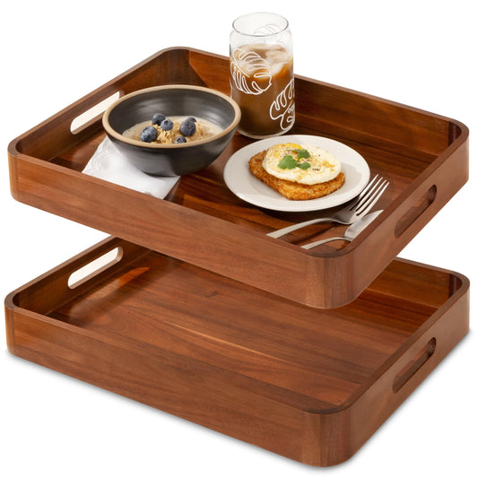Acacia Wooden Serving Trays with Handles for Eating, Appetizers, Food, Snacks, or Home Decor, Large Wood Bed Tray or TV Tray, Decorative Ottoman or Coffee Table Accessory, 17x13 inch, Set of 2
