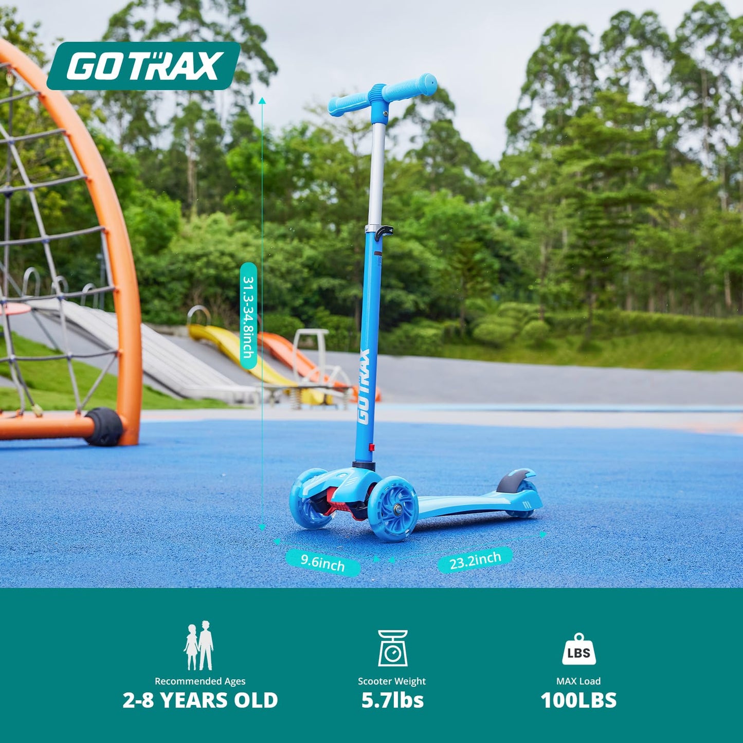 Gotrax KS1 Kids Kick Scooter, LED Lighted Wheels and 3 Adjustable Height Handlebars, Lean-to-Steer & Widen Anti-Slip Deck, 3 Wheel Scooter for Boys & Girls Ages 2-8 and up to 100 Lbs