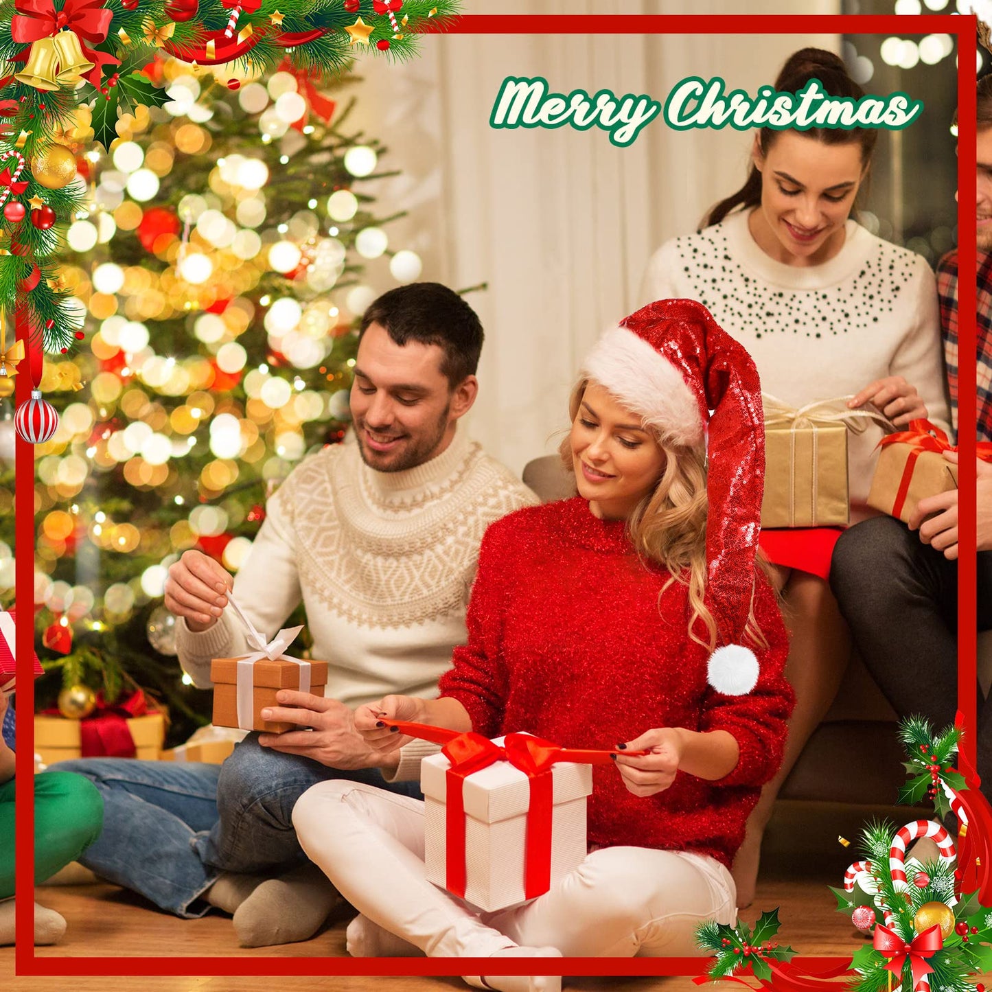 Geyoga 4 Pieces Christmas Santa Hats Xmas Shiny Sequin Santa Hats for Adults Long Christmas Cap Women Men Party Supplies(Red)