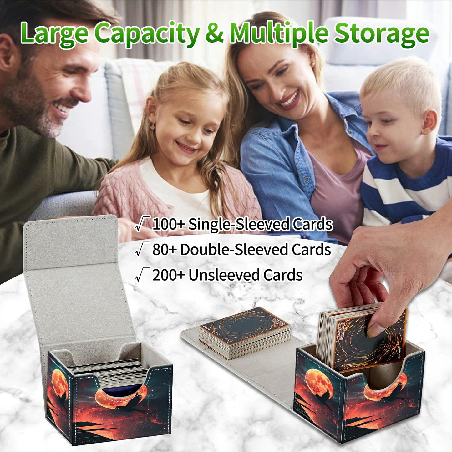 RWUTYTIUL Card Deck Box for MTG Cards, Card Storage Box Fits 100+ Sleeved Cards, PU Leather Large Size Strong Magnet Card Deck Case Holder for Board Game Magic MTG TCG CCG, Moon Eagle