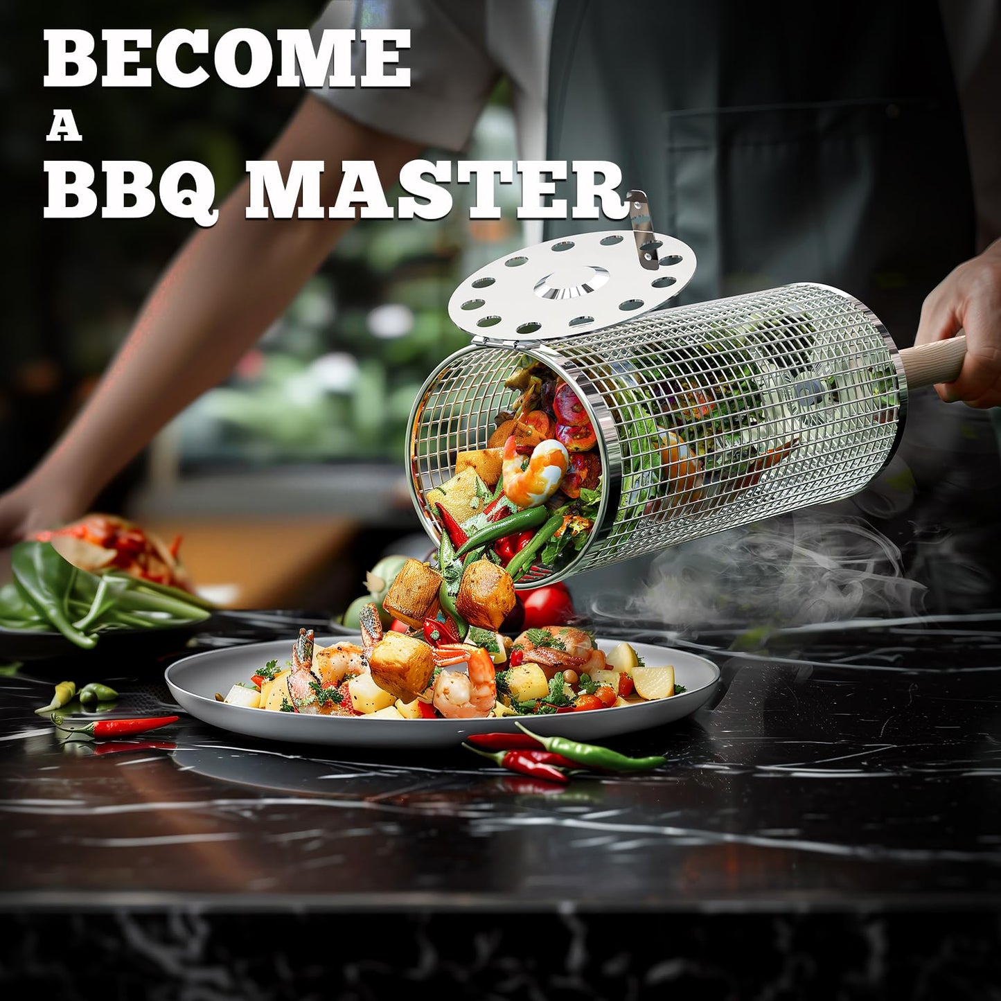 ivtivfu Rolling Grill Baskets, Removable Wooden Handle, 304 Stainless Steel, Nesting Grilling Net, BBQ Accessories Tools for Vegetable Shrimp, Outdoor Cooking Camping, Birthday Gifts for Men Dad Husband