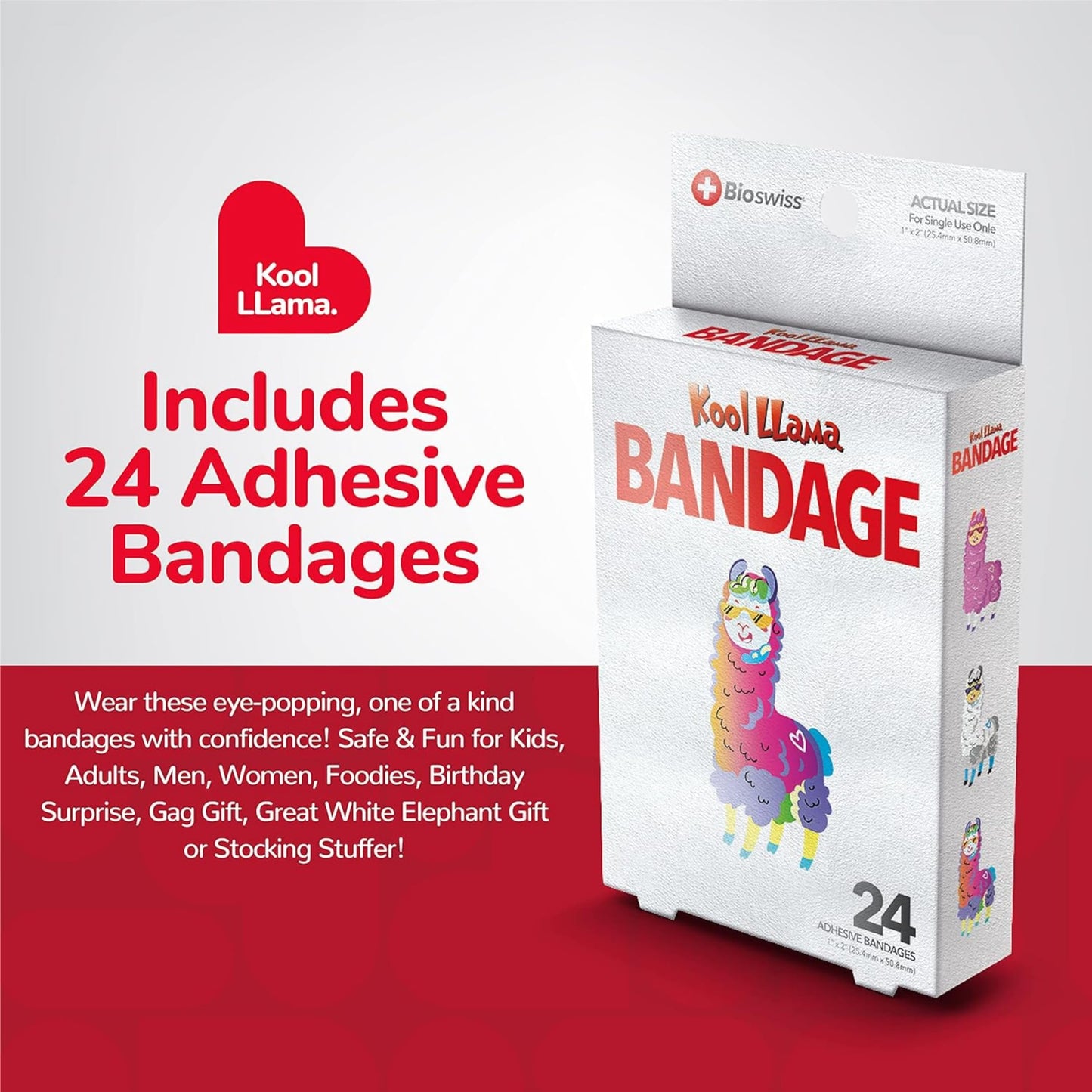 BioSwiss Bandages, Llama Shaped Self Adhesive Bandage, Latex Free Sterile Wound Care, 24 Count