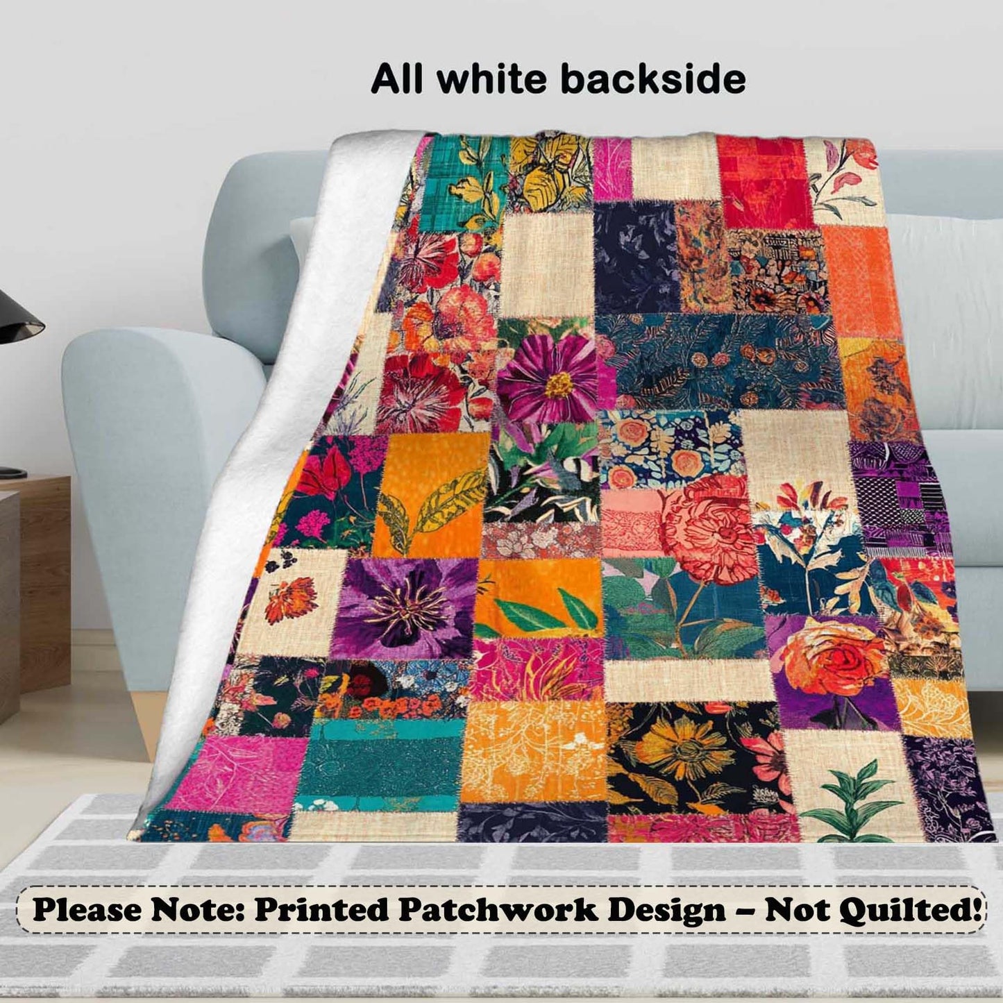 FexNuvko Printed Faux Patchwork Inspired Throw Blanket | Faux Quilt and Kantha Look | Lightweight Floral Fleece for All Seasons | Gifts for Women and Men | Home Decor for Couch and Bed | 50x60 Inches