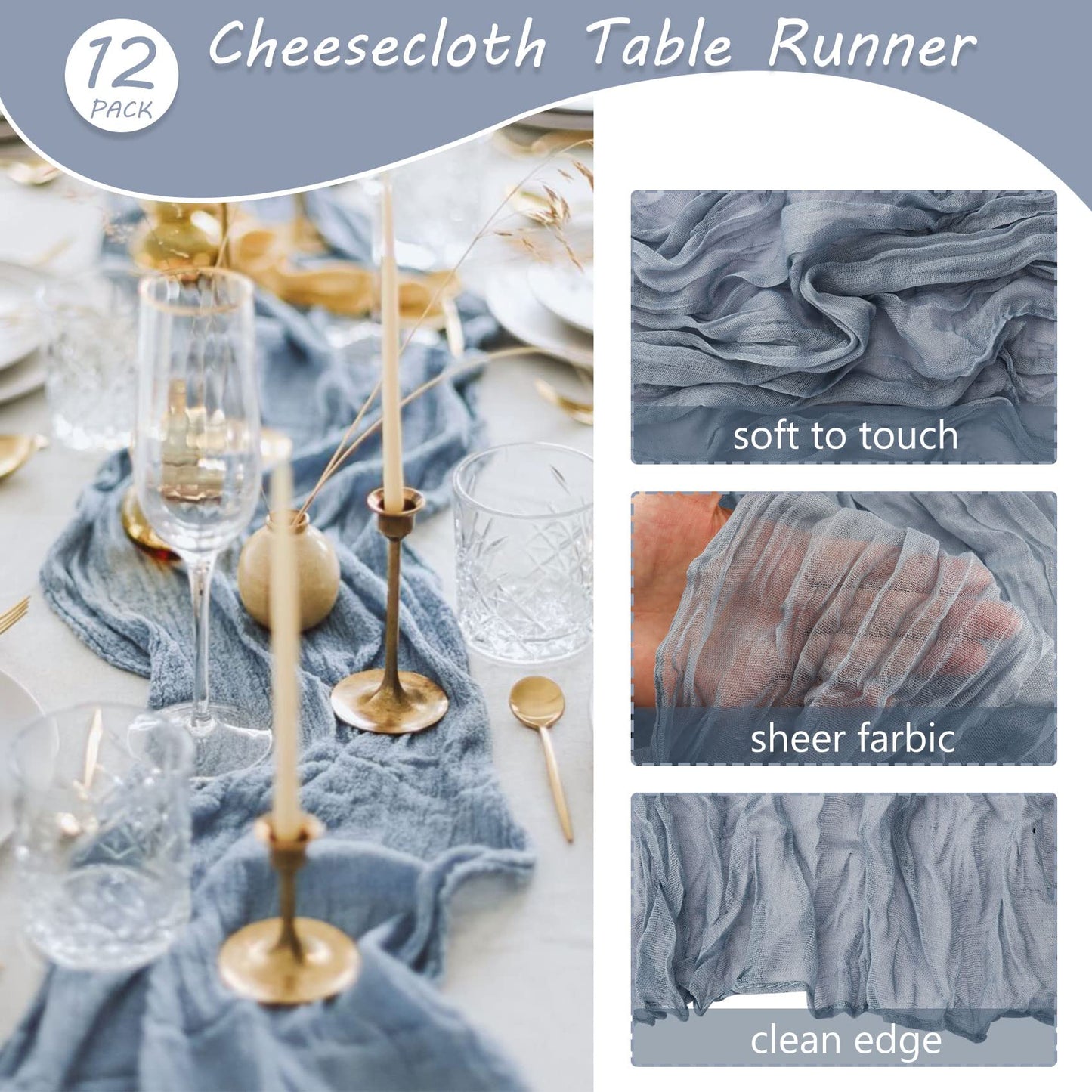 12 Pack 10Ft Cheesecloth Table Runner 35x120 Inch Boho Gauze Table Runner Rustic Cheese Cloth Long Table Runner Romantic Table Runner for Wedding Bridal Shower Birthday Party Table Decor (Dusty Blue)