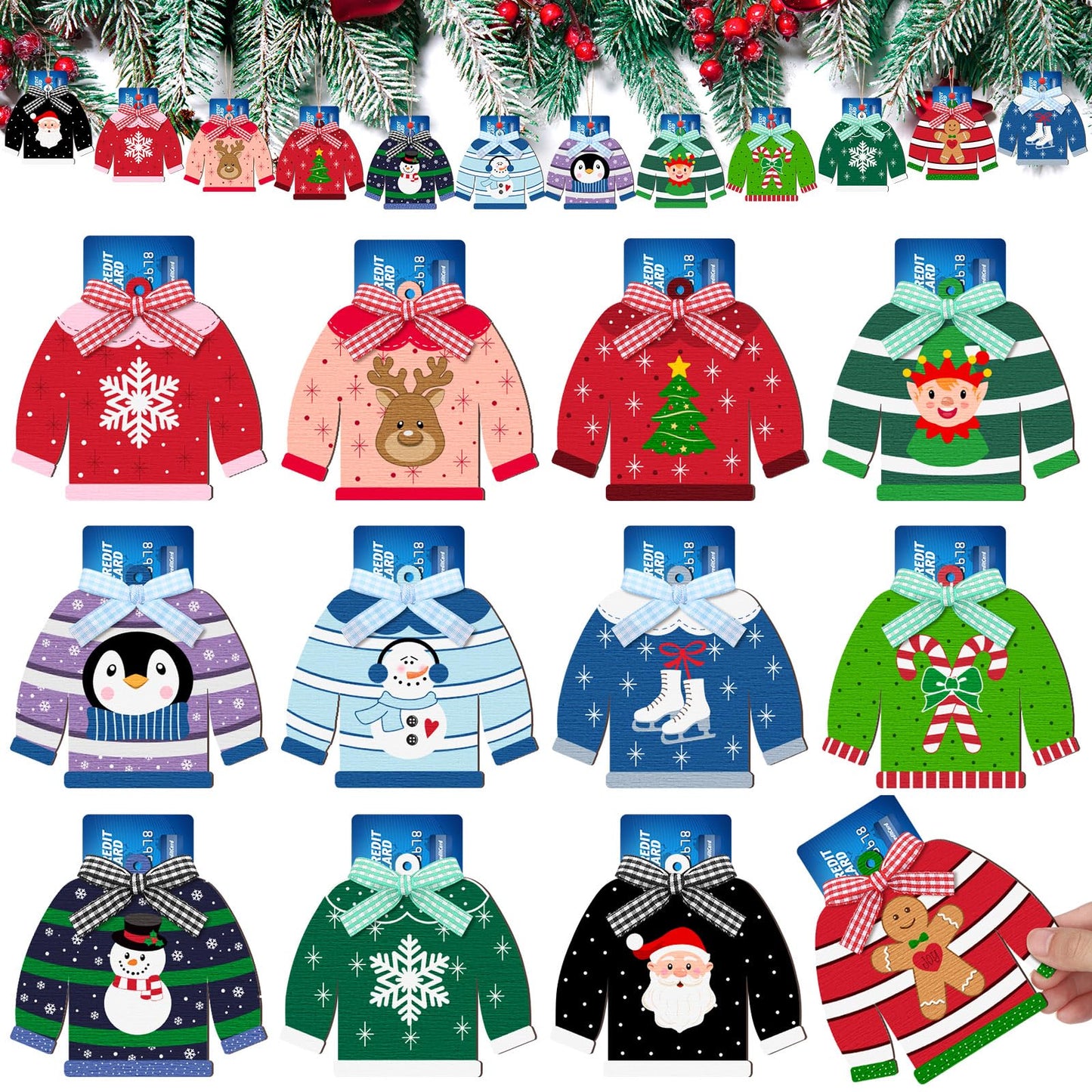Dispowreath 12 Pcs Christmas Gift Card Holder Ugly Sweater Shaped Wooden Money Holders Money and Card Sleeves Christmas Cash Holders Merry Xmas Gift Tags Winter Holiday(Stripe)