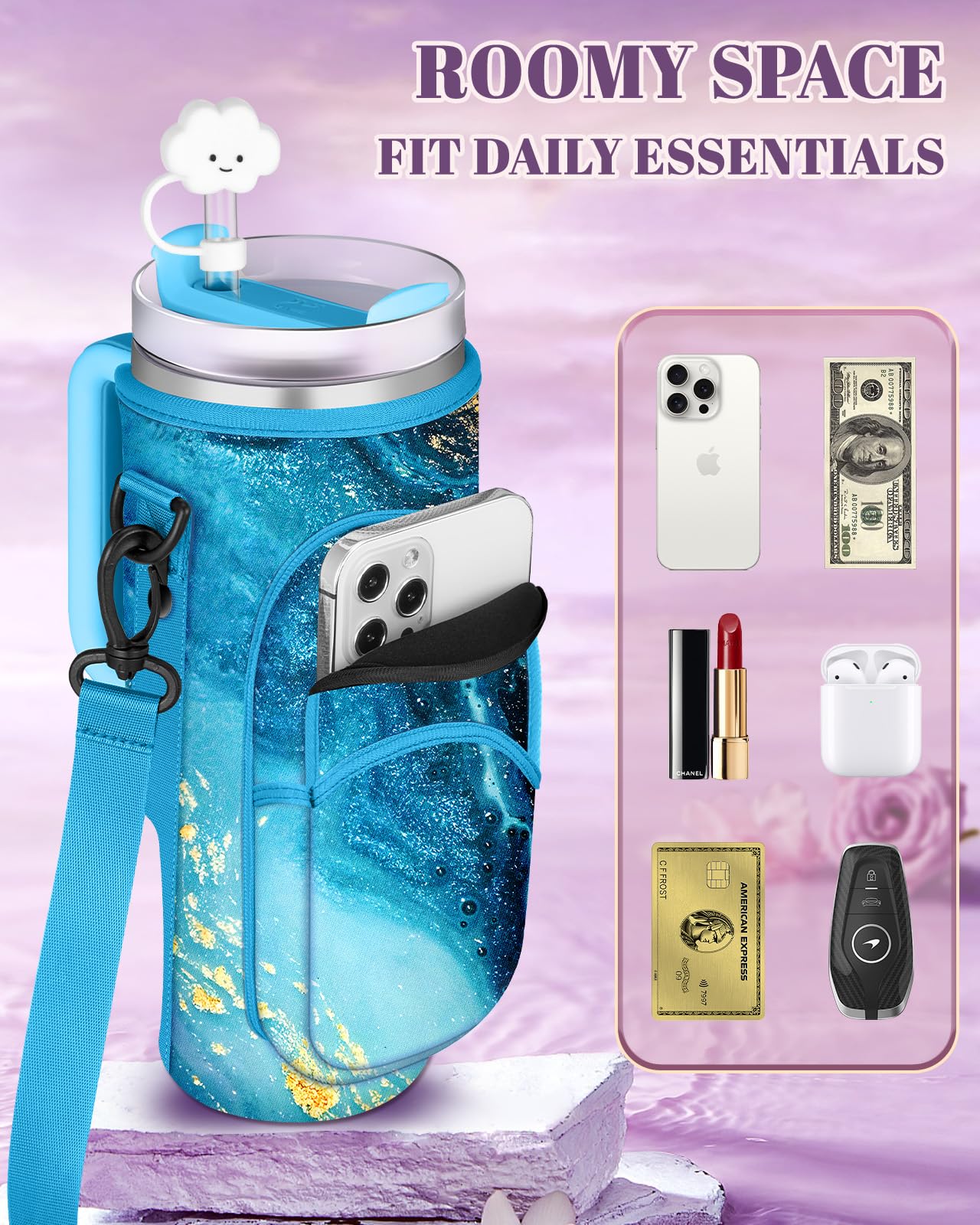Toykee Water Bottle Holder Carrier Bag for Stanley 40 OZ Tumbler with Strap Phone Pocket, Blue Wrap Around Drink Cup Purse Pouch with Straw Cover Cleaner Brush Accessories Marble Print