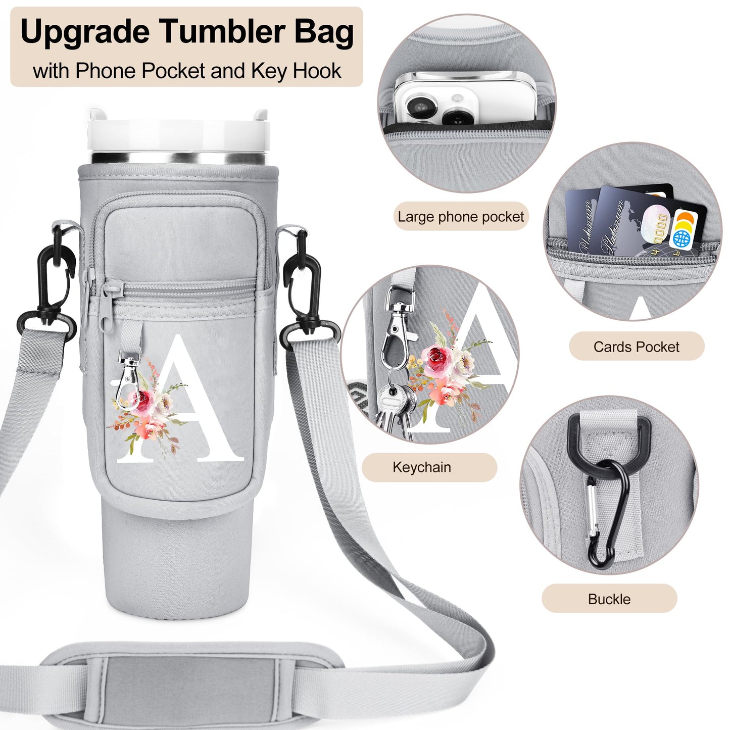 Initial Water Bottle Holder with Strap for Stanley 40 oz Tumbler/Simple Modern 40 oz Tumbler,Water Bottle Carrier Bag with Strap,Personalized A-Z Phone Pocket for Stanley Cup Accessories
