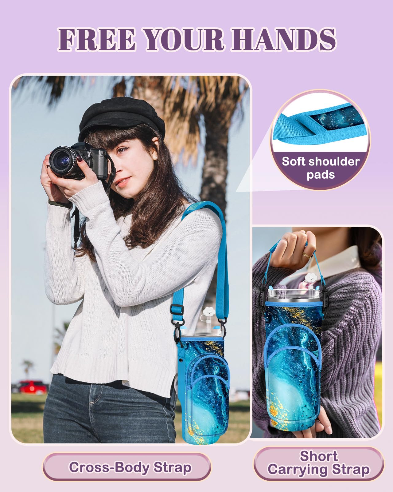 Toykee Water Bottle Holder Carrier Bag for Stanley 40 OZ Tumbler with Strap Phone Pocket, Blue Wrap Around Drink Cup Purse Pouch with Straw Cover Cleaner Brush Accessories Marble Print