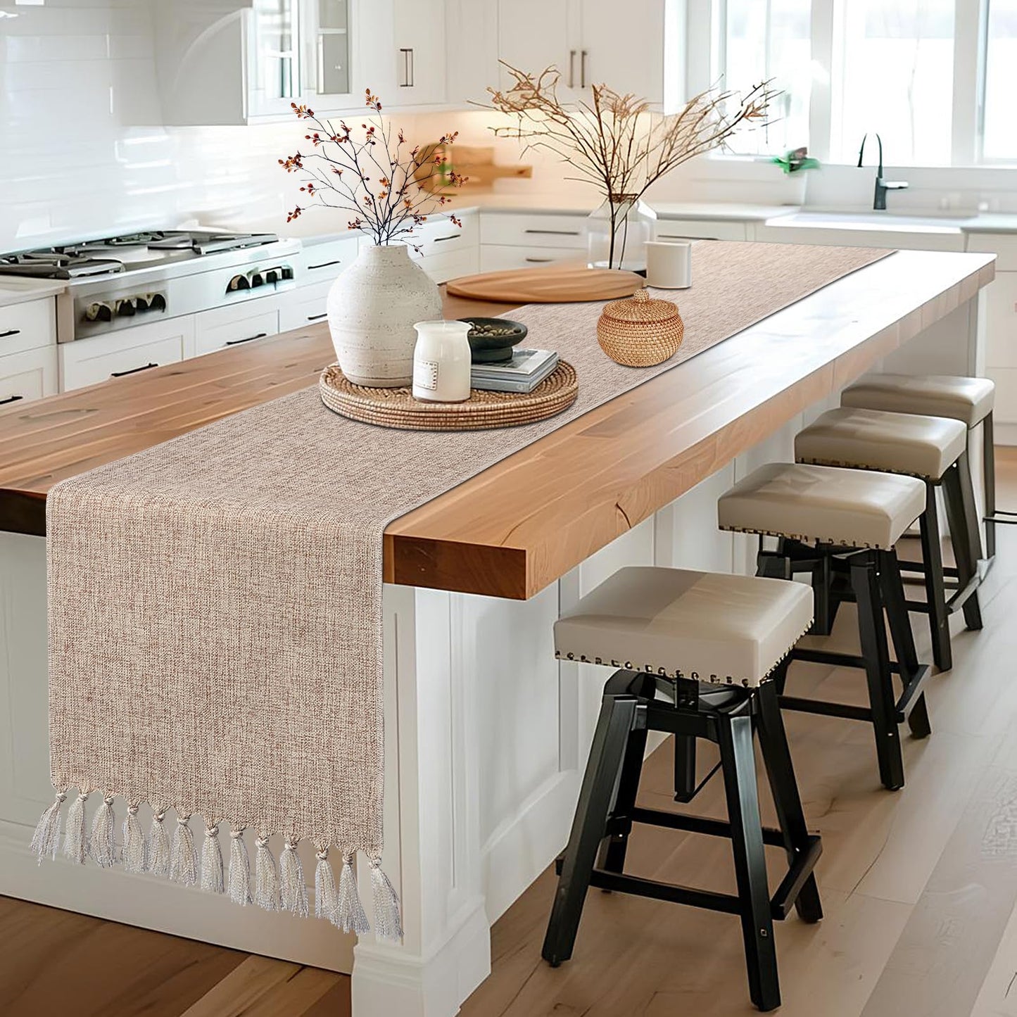 yuboo Boho Table Runner 108 inches Long, Rustic Farmhouse Dresser Runners for Bedroom, Dining Table, Summer Table Decor, Bridal Shower, Burlap Linen Table Runner (15x108 Tassels Included)