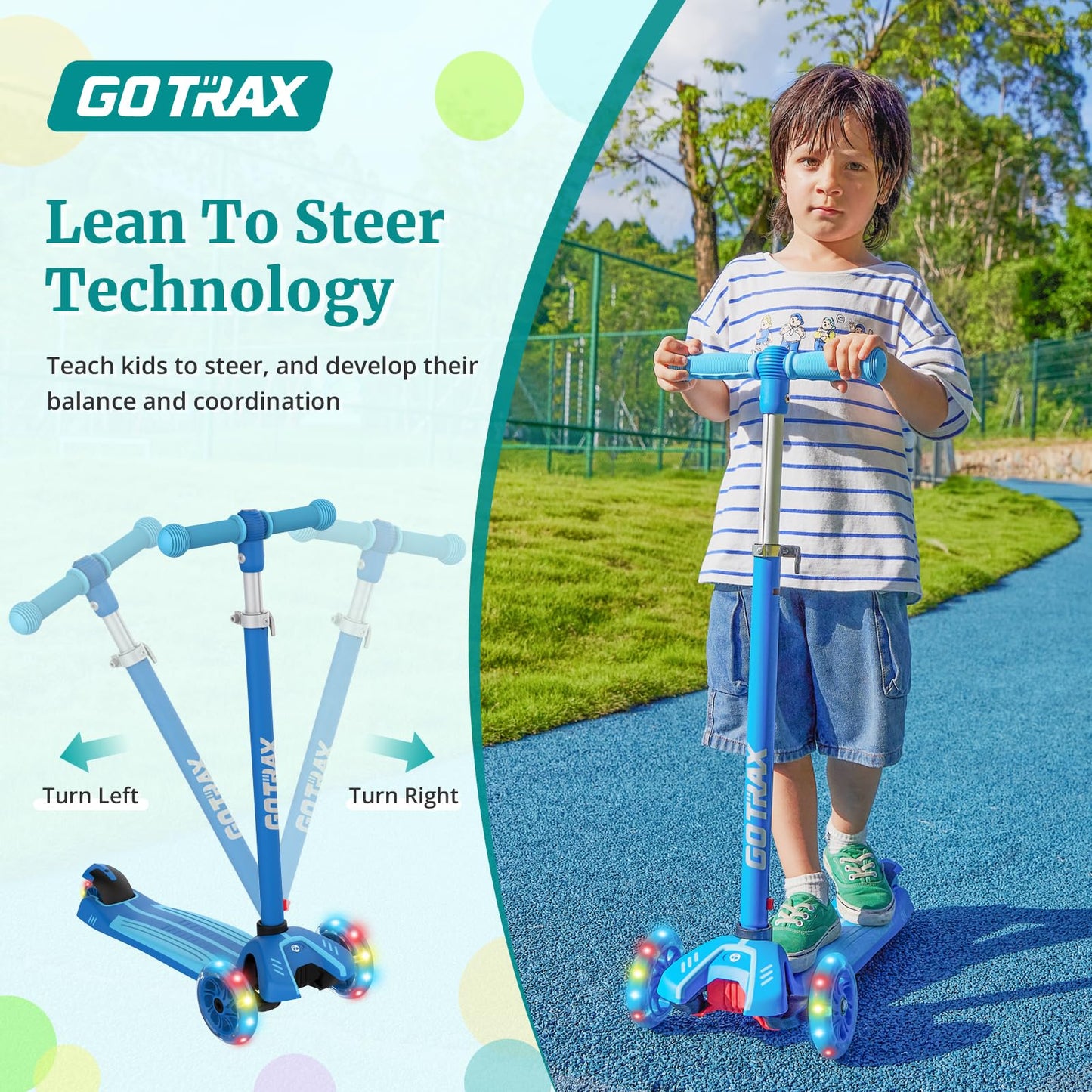 Gotrax KS1 Kids Kick Scooter, LED Lighted Wheels and 3 Adjustable Height Handlebars, Lean-to-Steer & Widen Anti-Slip Deck, 3 Wheel Scooter for Boys & Girls Ages 2-8 and up to 100 Lbs
