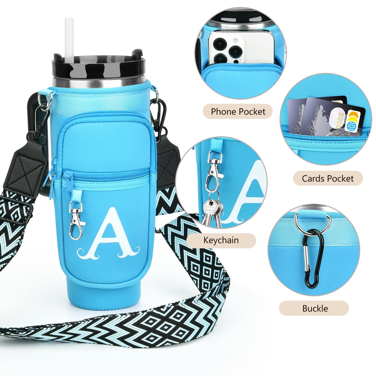 LOKASS Initial Water Bottle Holder with Upgrade Canvas Strap for Stanley 30 oz Tumbler, Gift for Mom Mother's Day Day gifts with Phone Pocket, Personalized Accessories for Stanley Cup, Blue - S
