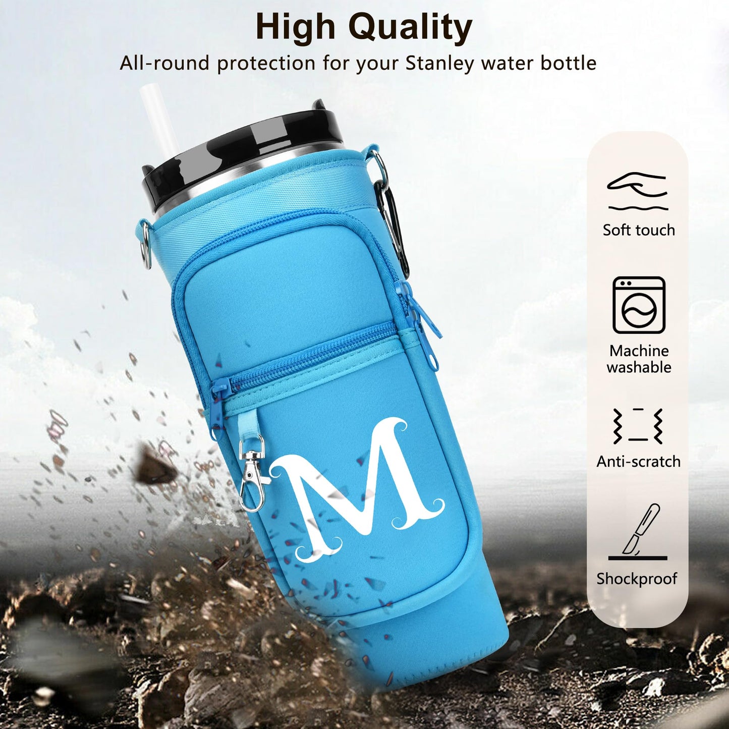 LOKASS Initial Water Bottle Holder with Upgrade Canvas Strap for Stanley 30 oz Tumbler, Gift for Mom Mother's Day Day gifts with Phone Pocket, Personalized Accessories for Stanley Cup, Blue - S