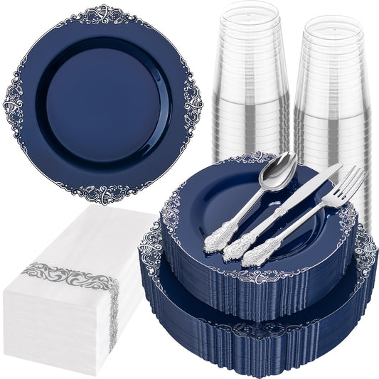 Hioasis 175pcs Blue and Silver Plastic Plates - Elegant Disposable Dinnerware Set Suitable for 25 Guests Include 10.25 Dinner & 7.5 Dessert Plates, Pre Rolled Silverware Set, Cups for Party & Wedding