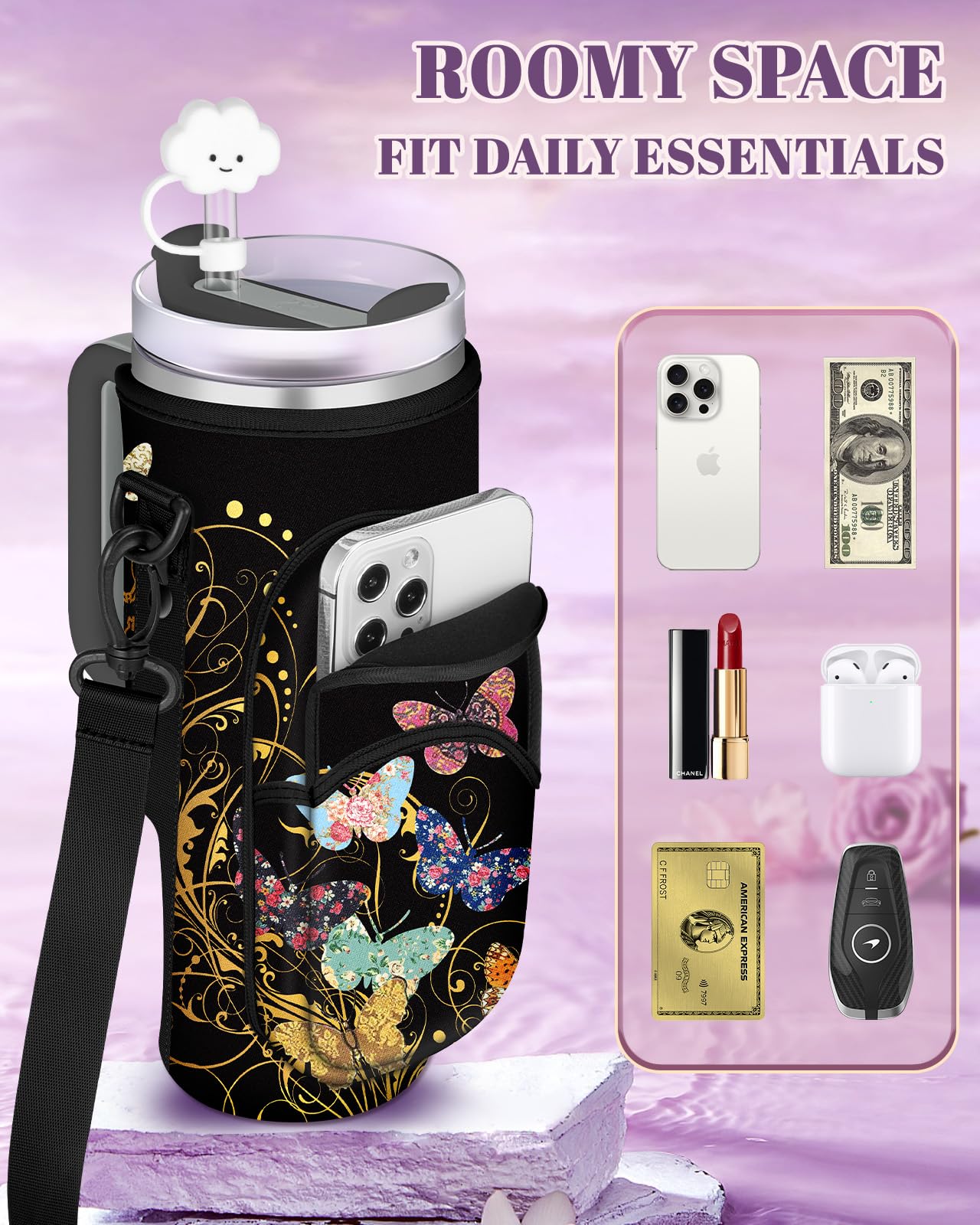 Toykee Water Bottle Holder Carrier Bag for Stanley 40 OZ Tumbler with Strap Phone Pocket, Wrap Around Drink Cup Purse Pouch with Straw Cover Cleaner Brush Accessories Colors Butterfly Print
