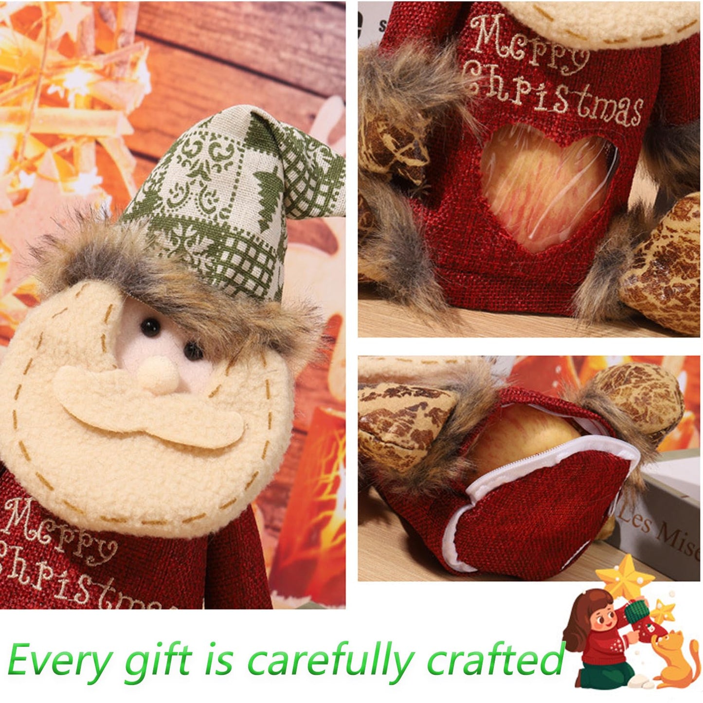 Christmas Gift Bags Zipper Design, 3D Doll Decoration, Flax Fabric Christmas Apple Bags Zipper Reusable, Xmas Candy Apple Bags with Santa Claus, Snowman, Reindeer for Festival Decor (3PCS)