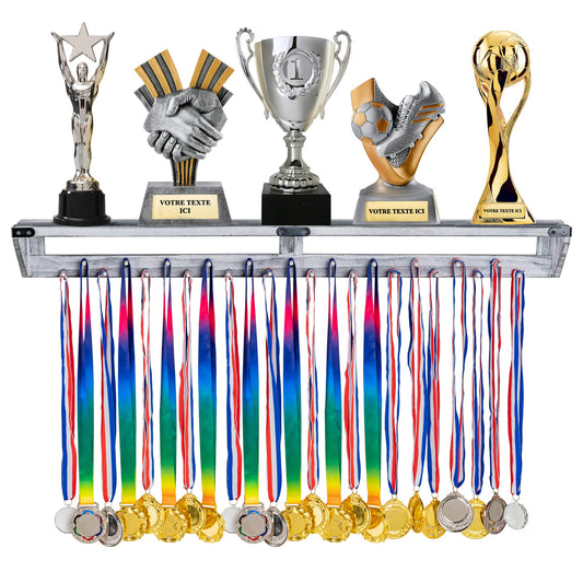 LAVIEVERT Gymnastic Medal Hanger with Storage Shelf, Wooden Wall-Mounted Trophy Shelf, Race Medal Display Rack Holder with 23 Hanging Bars - White