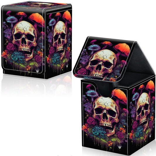 Qindaiwen Card Deck Box for Trading Cards, MTG Deck Box Fits 100+ Single Sleeved Cards, PU Leather Strong Magnet Card Deck Case Holder for Magic Commander TCG CCG, Flower Skull
