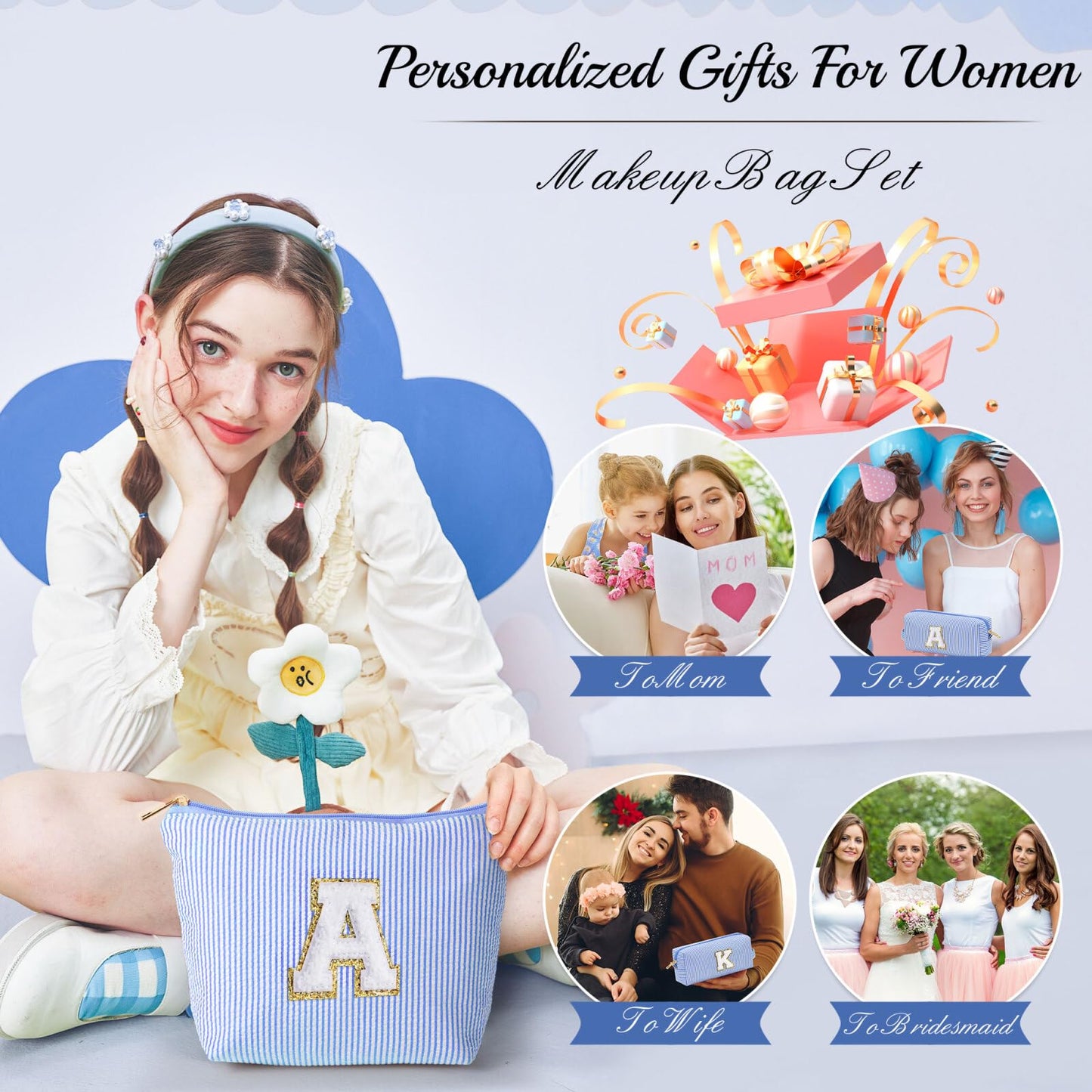 YOOLIFE Birthday Gifts for 3 4 5 6 7 8 9 10 11 12 13 Year Old Girls | Monogram Makeup Bag | Makeup Pouch | Stocking Stuffers for Girls | Birthday Gifts for Girls | Teen Girl Daughter Sister Gifts S