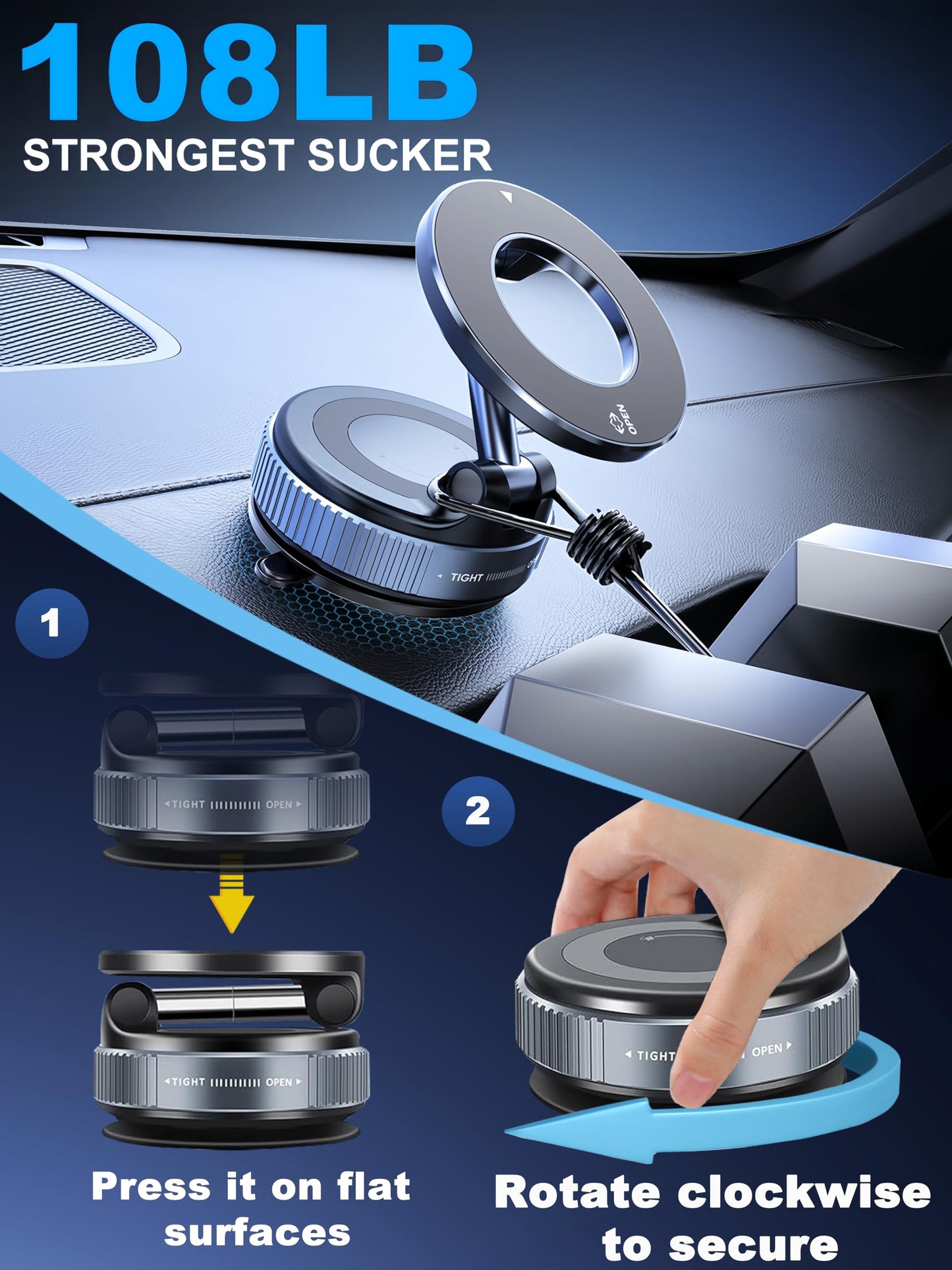 Upgraded 360° Nano Gel Vacuum Magnetic Phone Holder, Car Phone Holder for Magsafe[108+LBS Strongest Suction & 3000gf Strongest Magnetic], Suction Cup Phone Mount for Car/for iPhone 16 Pro Max