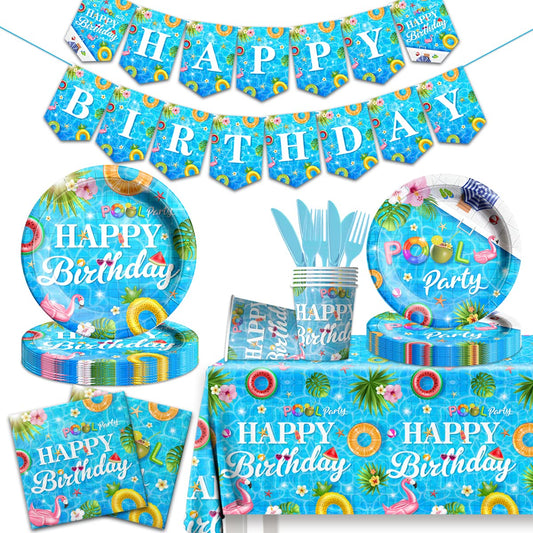 142 Pieces Pool Birthday Party Supplies - Summer Pool Tableware Set Plate,Cups,Tablecloth for Summer Pool Birthday Party, Hawaii Holiday Decorations