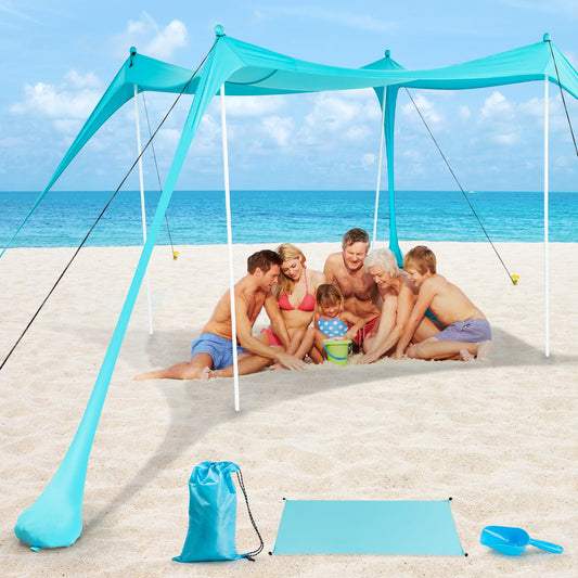deli Beach Tent, Beach Canopy with UPF50+ Protection, Foldable Poles, 2 in 1 Beach Blanket, Carrying Bag,Sand Shovel,10x10FT Beach Tent Sun Shelter for Backyard Fun, Camping Or Picnics，Easy to Setup