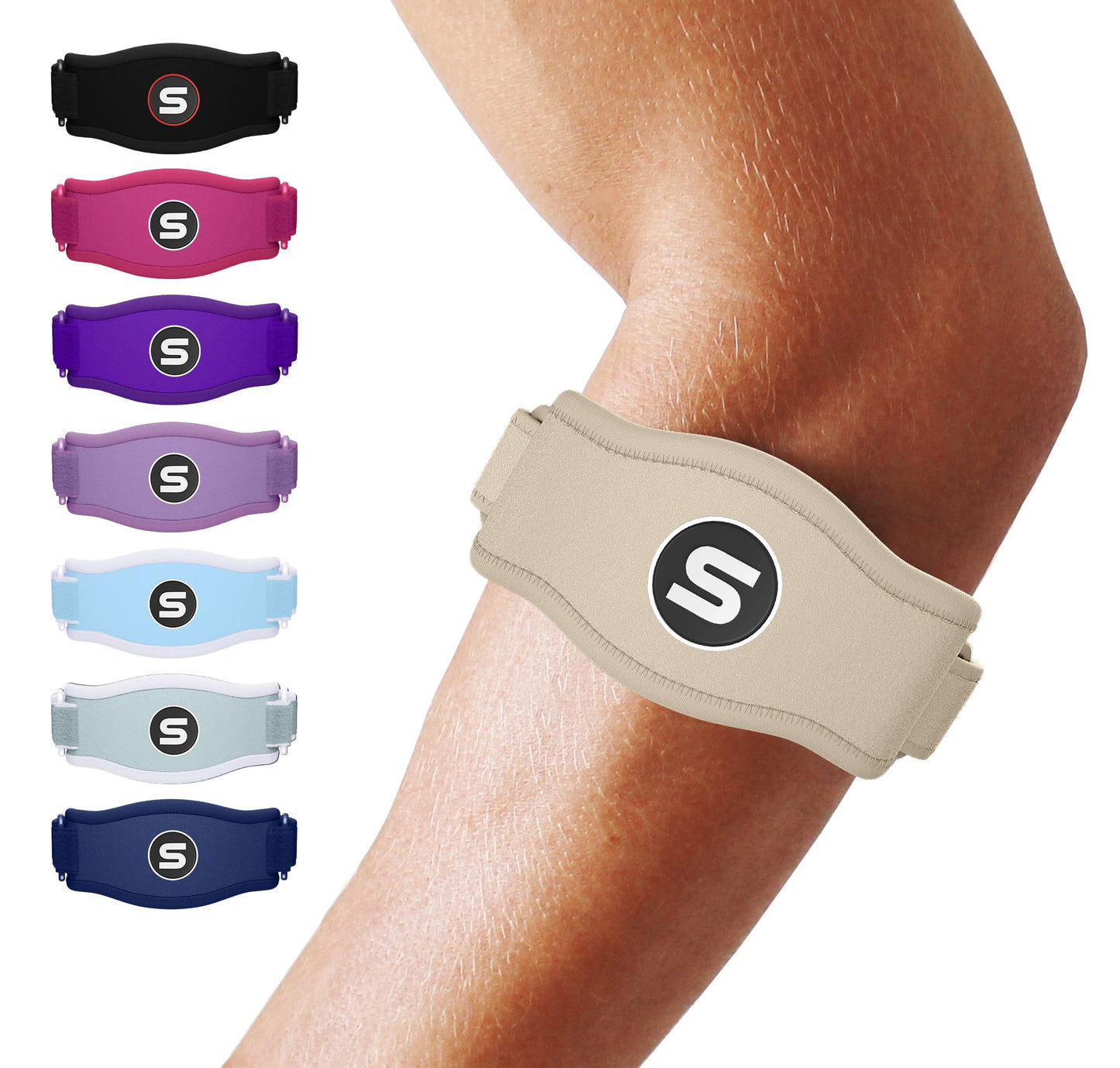 Sleeve Stars Tennis Elbow Brace for Men & Women, Tendonitis Elbow Brace & Strap Golfers Elbow Brace Counterforce Band for Tendon Pain Relief & Support for Forearm w/ 3 Straps Fits 9-23" (Single/Beige)