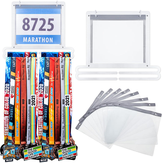 Moxweyeni Race Medal and Bib Display Medal Hanger Running Bib and Medal Holder Wall Mounted Hanging Medal Rack Holders with Bib Holder Gifts for Runners, 13.78 x 11.22 Inch (White)
