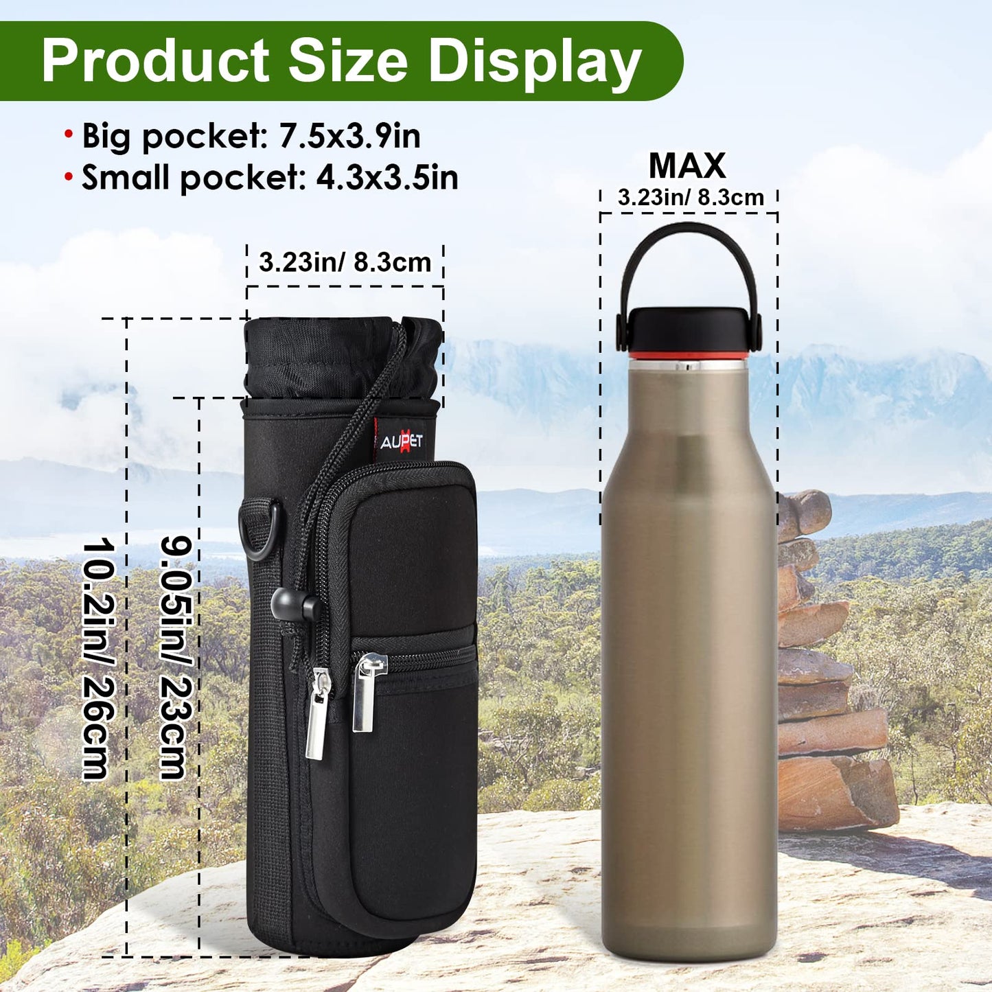 AUPET Water Bottle Sling Bag Sleeve Holder Carrier 25/32/40/64 oz,Insulated Crossbody Water Bottle Case Cover with Strap and Pockets for Men/Women Walking Hiking Camping (25oz, solid black)