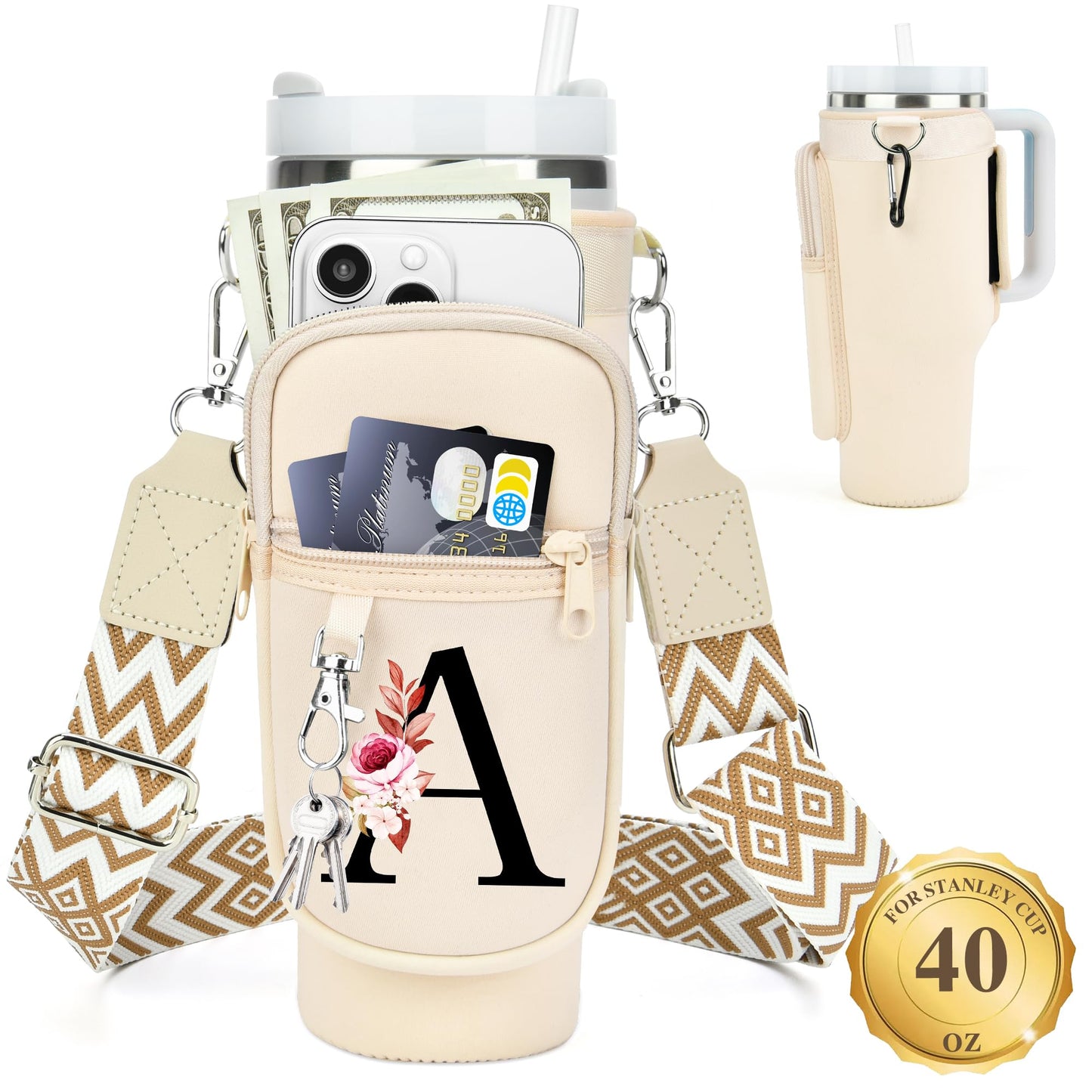 Initial Water Bottle Holder with Strap for Stanley 40 oz Tumbler, for Simple Modern 40 oz Tumbler, Graduation Gift with Phone Pocket, Carabiner, Personalized Gift for Stanley Cup Accessories Cream A