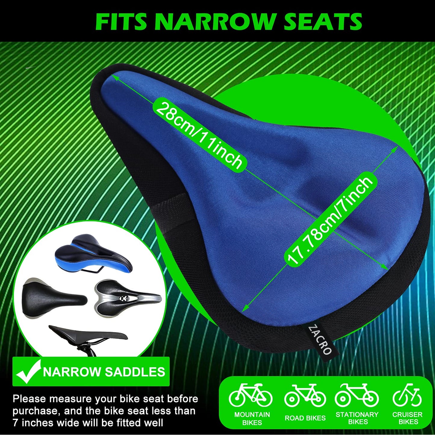 Zacro Bike Seat Cushion - Padded Gel Bike Seat Cover for Men & Womens Comfort, Compatible with Peloton, Stationary Exercise or Cruiser Bicycle Seats, 11 x 7 inches
