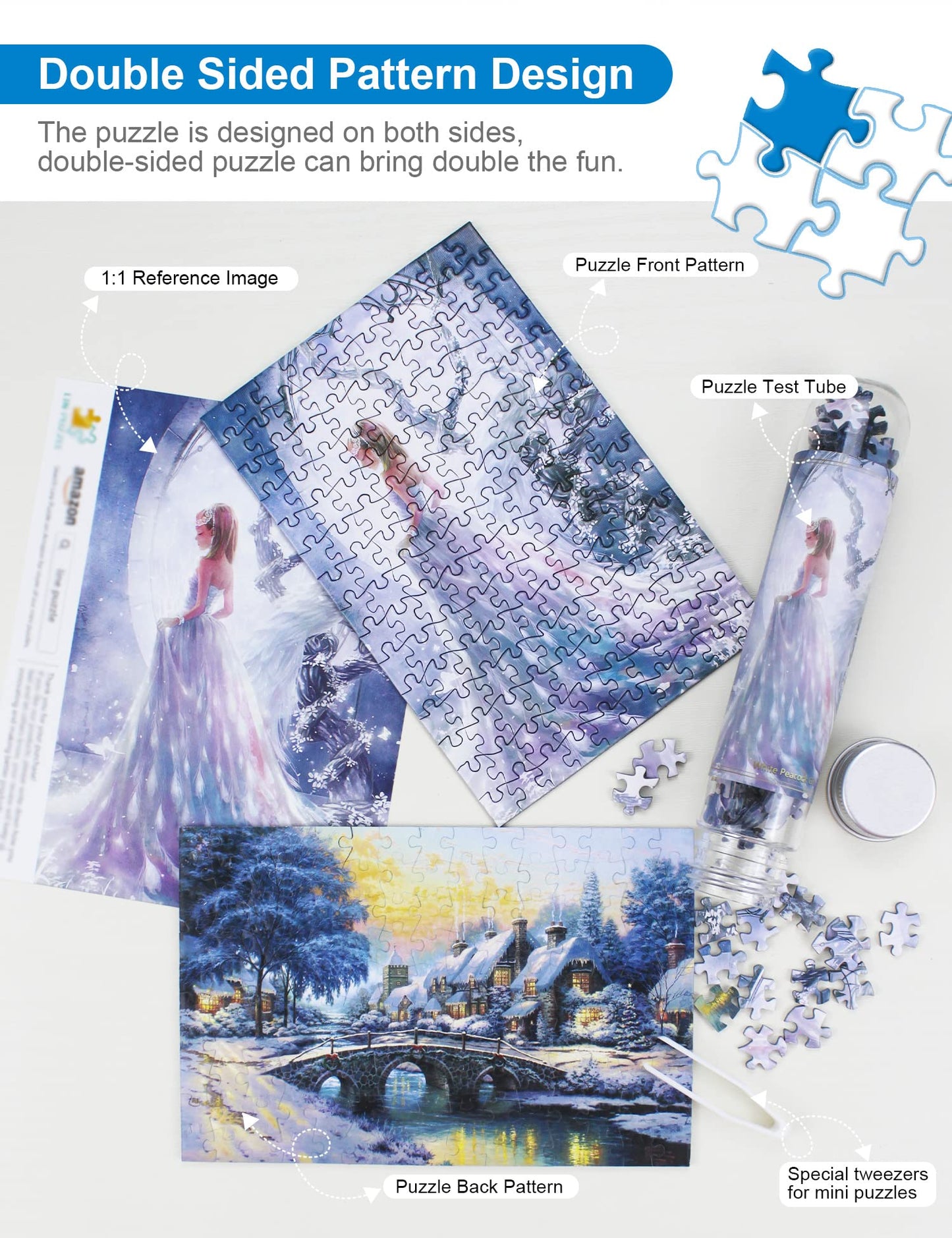 Mini Jigsaw Puzzles for Adults (4 Packs) Double-Sided Puzzle with Reference Blueprint, Micro Puzzle, Comes with Tweezers for Small Puzzles, Suitable As a Gift (4 pcak -1)