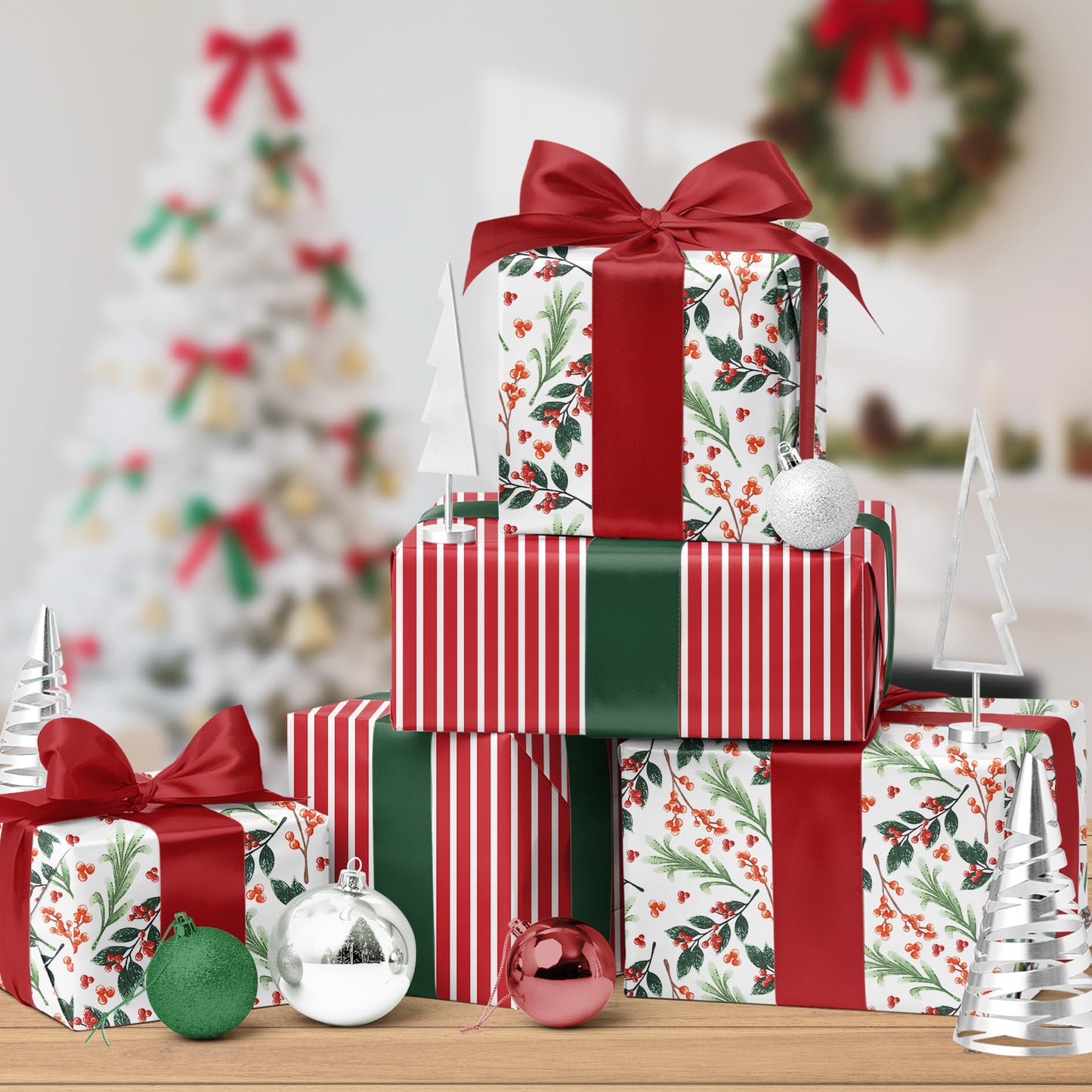 LaRibbons Reversible Christmas Wrapping Paper Jumbo Roll, Vintage Red Berries & Red Candy Cane Stripe Gift Wrap for Christmas, Season Party, Xmas, 30 Inch × 33 Feet