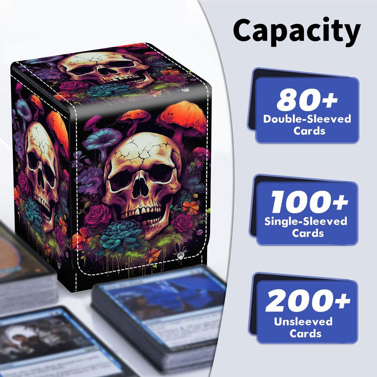 Qindaiwen Card Deck Box for Trading Cards, MTG Deck Box Fits 100+ Single Sleeved Cards, PU Leather Strong Magnet Card Deck Case Holder for Magic Commander TCG CCG, Flower Skull