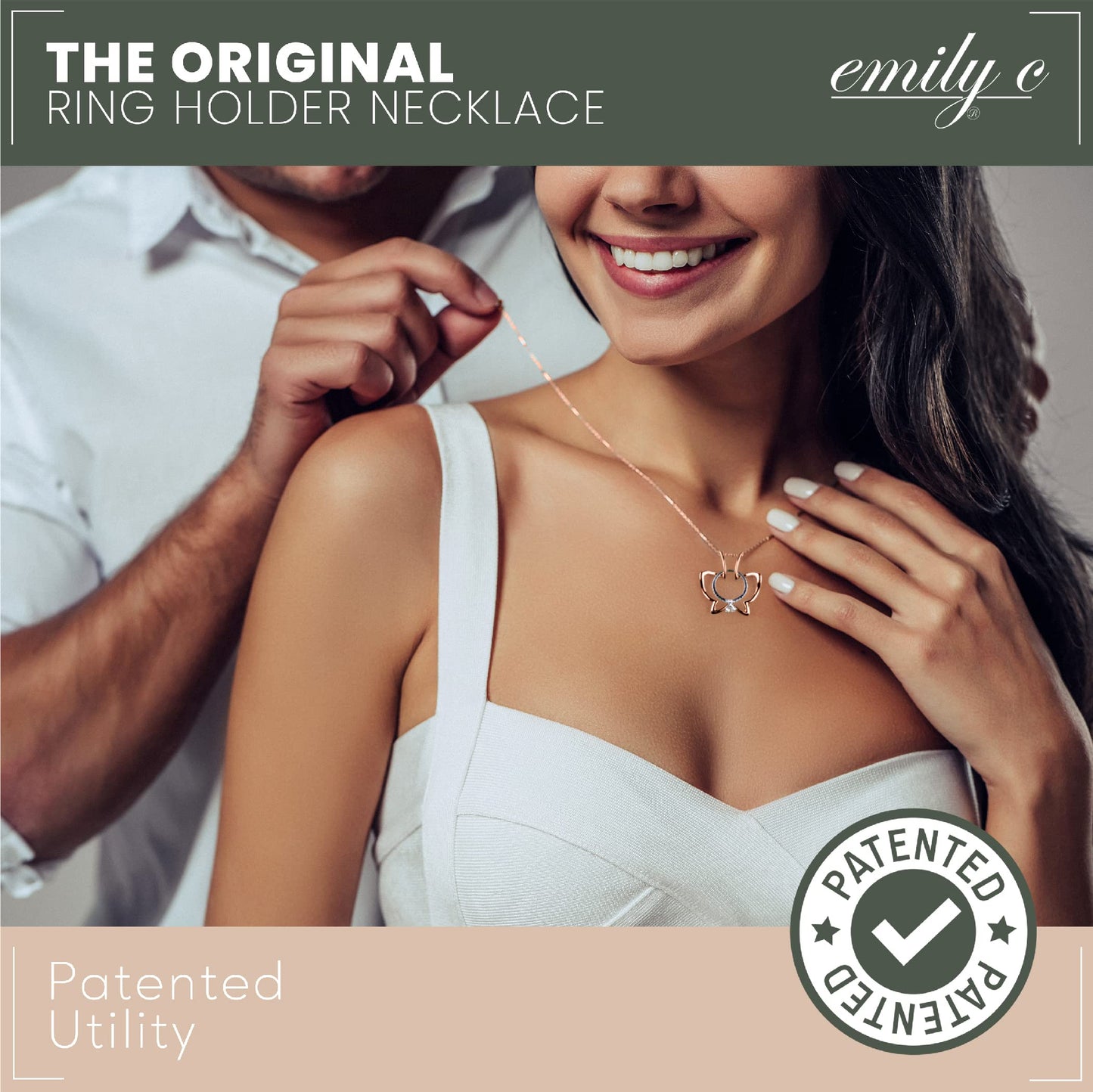 Emily C Ring Holder Necklace - Stainless Steel Necklace with Rose Gold Finish - Engagement Gift for Doctors & Nurses - Gift for Mom or Grandmother - Butterfly