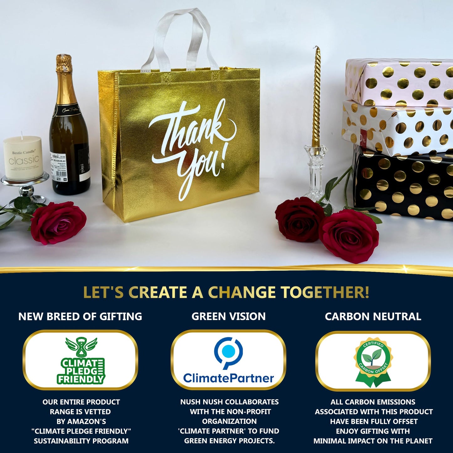 Nush Nush Gold Thank You Gift Bags Large Size – Set of 12 Stylish Gold Thank You Bags With Handles in Bulk - Appreciation Party Favor Bags For Small Business, Gifting Events, Christmas - 13Wx5Dx11H