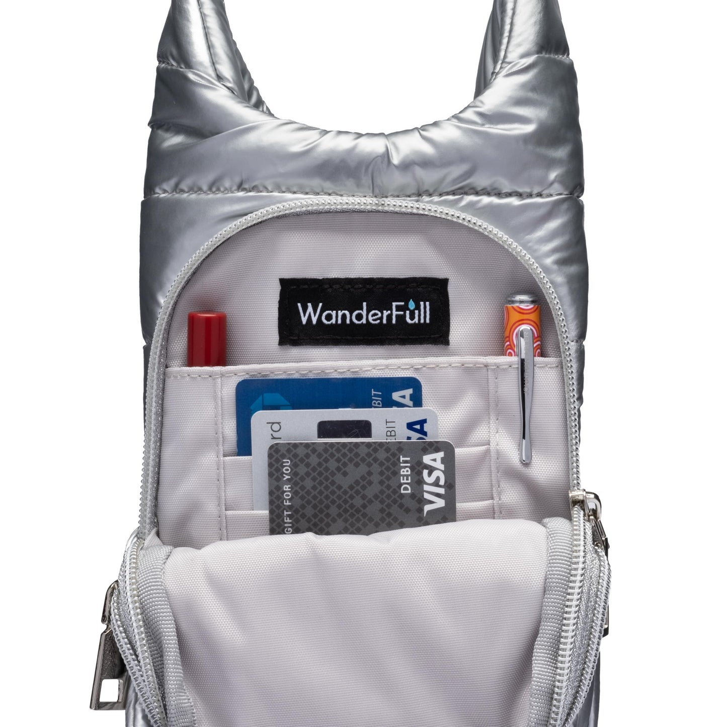 WanderFull Original Crossbody HydroBag | Quilted Water Bottle Carrier & Adjustable Strap | Puffer Tote with Two Pockets for Phone & Accessories | Carry Travel Essentials (Silver Shiny/Solid Strap)
