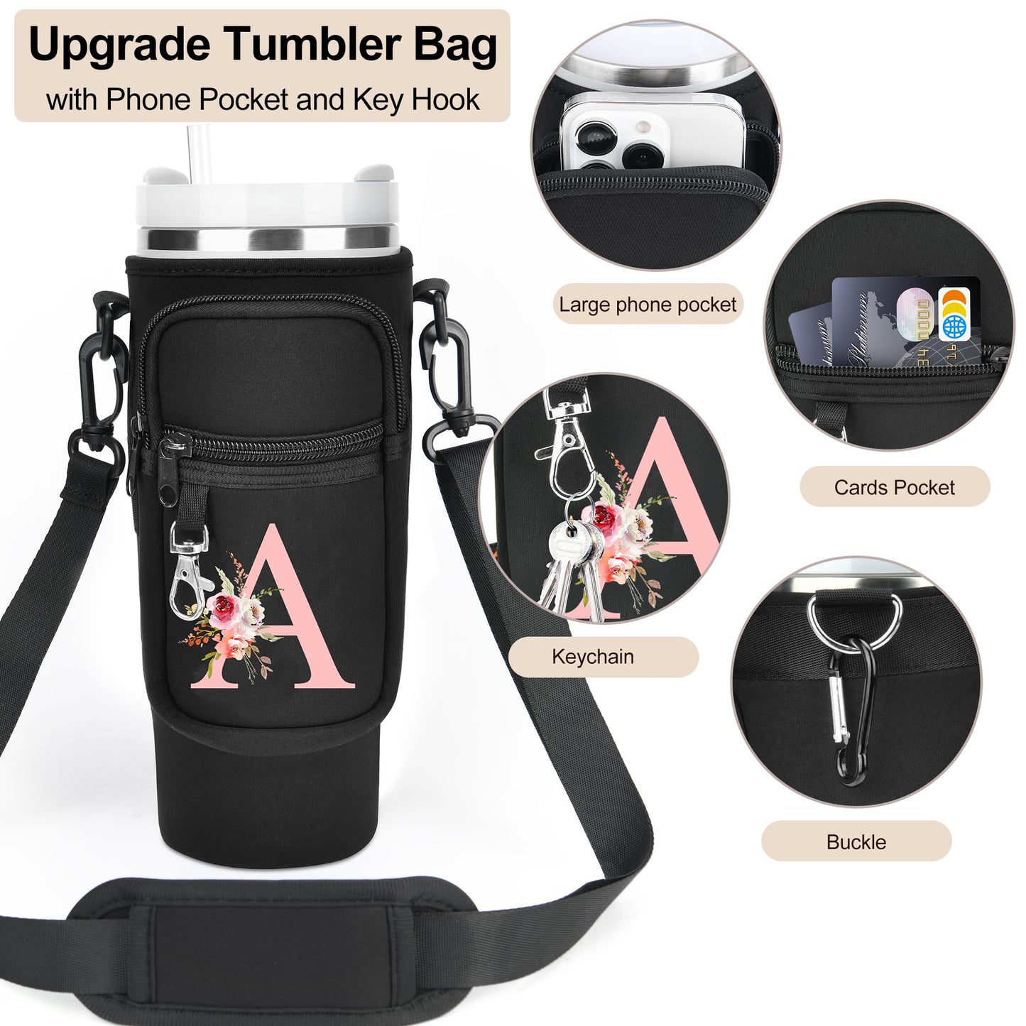Initial Water Bottle Holder with Strap for Stanley 40 oz Tumbler/Simple Modern 40 oz Tumbler,Water Bottle Carrier Bag with Strap,Personalized A-Z Phone Pocket for Stanley Cup Accessories