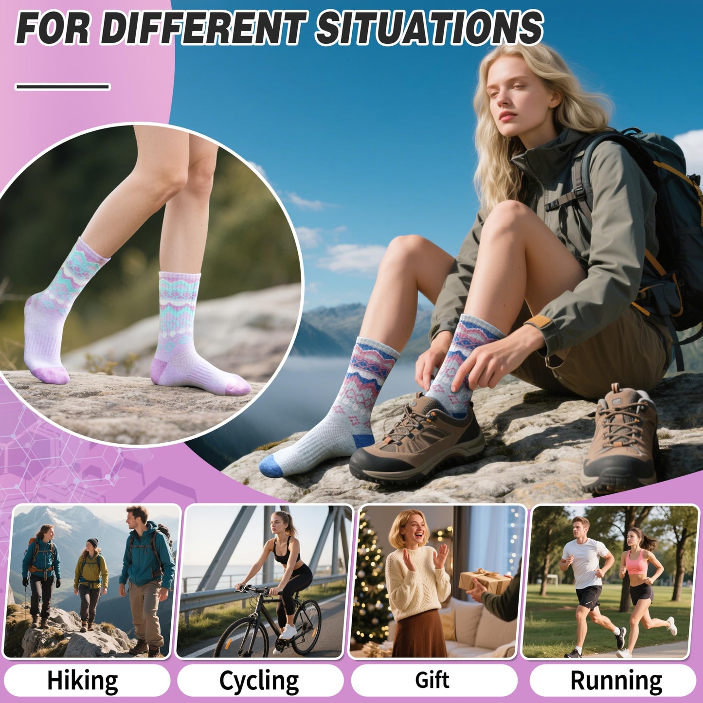 EBMORE Womens Merino Wool Hiking Socks Thermal Warm Winter Nordic Cushion Crew Work Boot Gift Socks Stocking Stuffers 5 Pairs(Nordic,L)