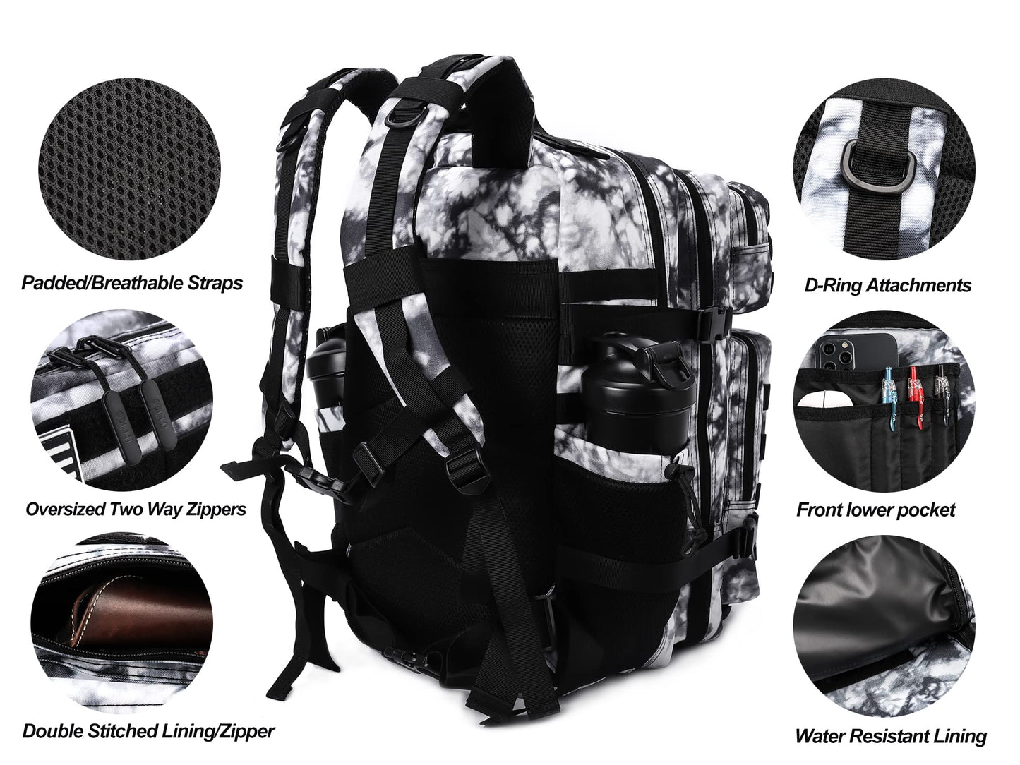 LHI Military Tactical Backpack for Men Molle Daypack 45L Army 3 Days Assault Pack Bag Large Rucksack With Bottle Holder Black and White(12*20*12)