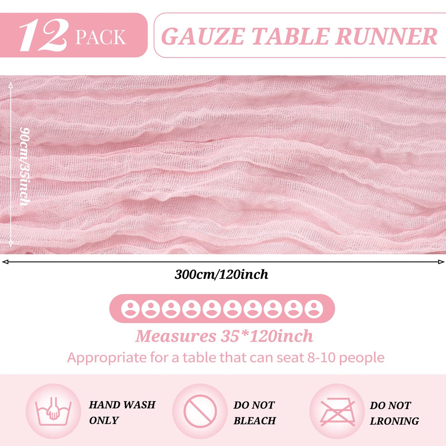 12 Pack Cheesecloth Table Runner 35 x 120 inch Long Boho Cheese Cloth Gauze Table Runners Semi Sheer Table Runner for Wedding Decor, Bridal Shower, Birthday Party (Light Pink)