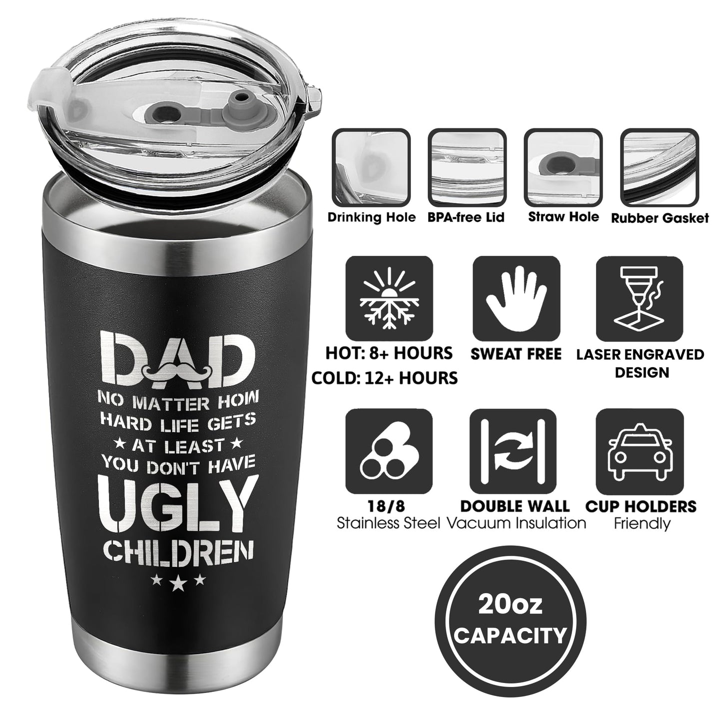 KATLADIZ Gifts for Dad from Daughter, Son - Fathers Day Gift for Dad - Birthday, Father's Day, Christmas Gifts for Dads - New Papa Daddy Stepdad Ideas for Men - 20 Oz Stainless Steel 2-sided Tumbler