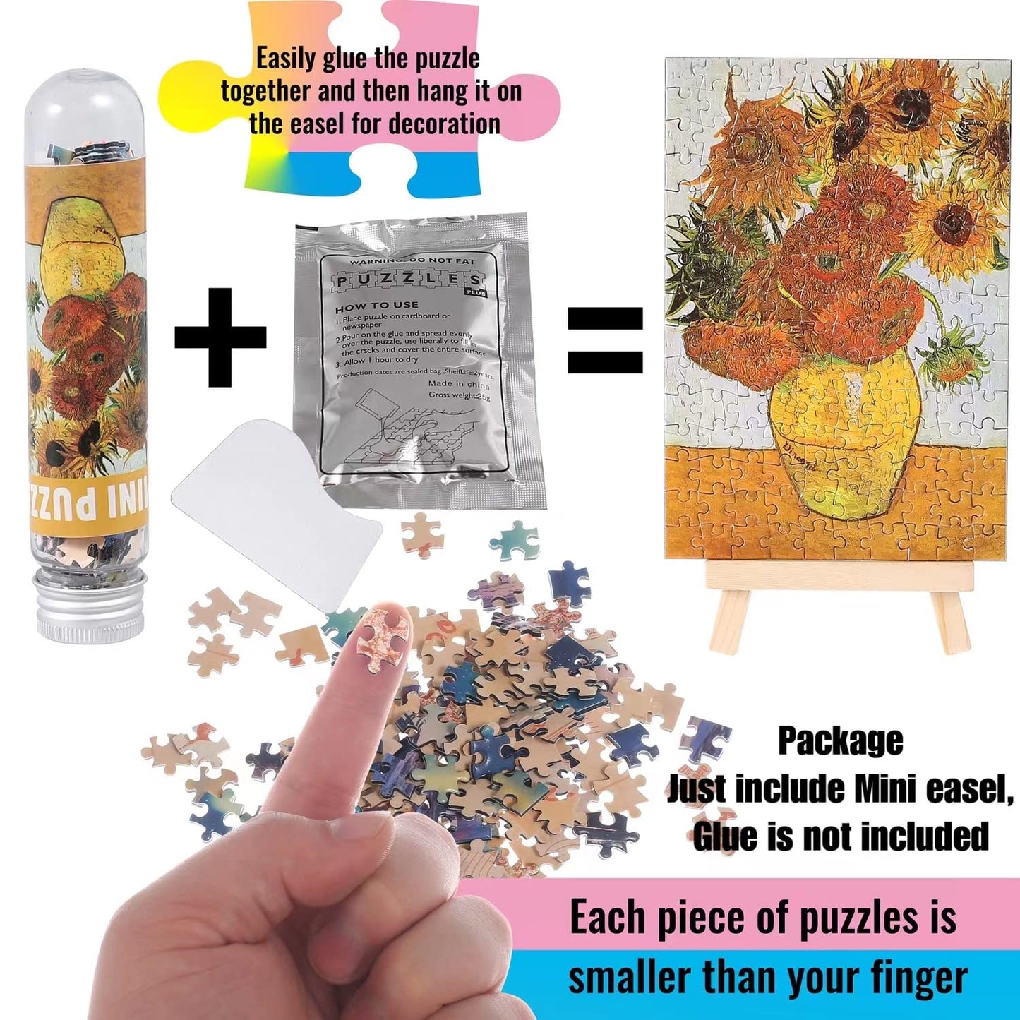 Small Jigsaw Puzzles for Adults Challenging Puzzle Small Puzzles Mini Jigsaw Puzzles for Adults 150 Pieces Starry Night Rhone River Sunflower 6 x 4 Inches,3 Pack,Mini Easel Included