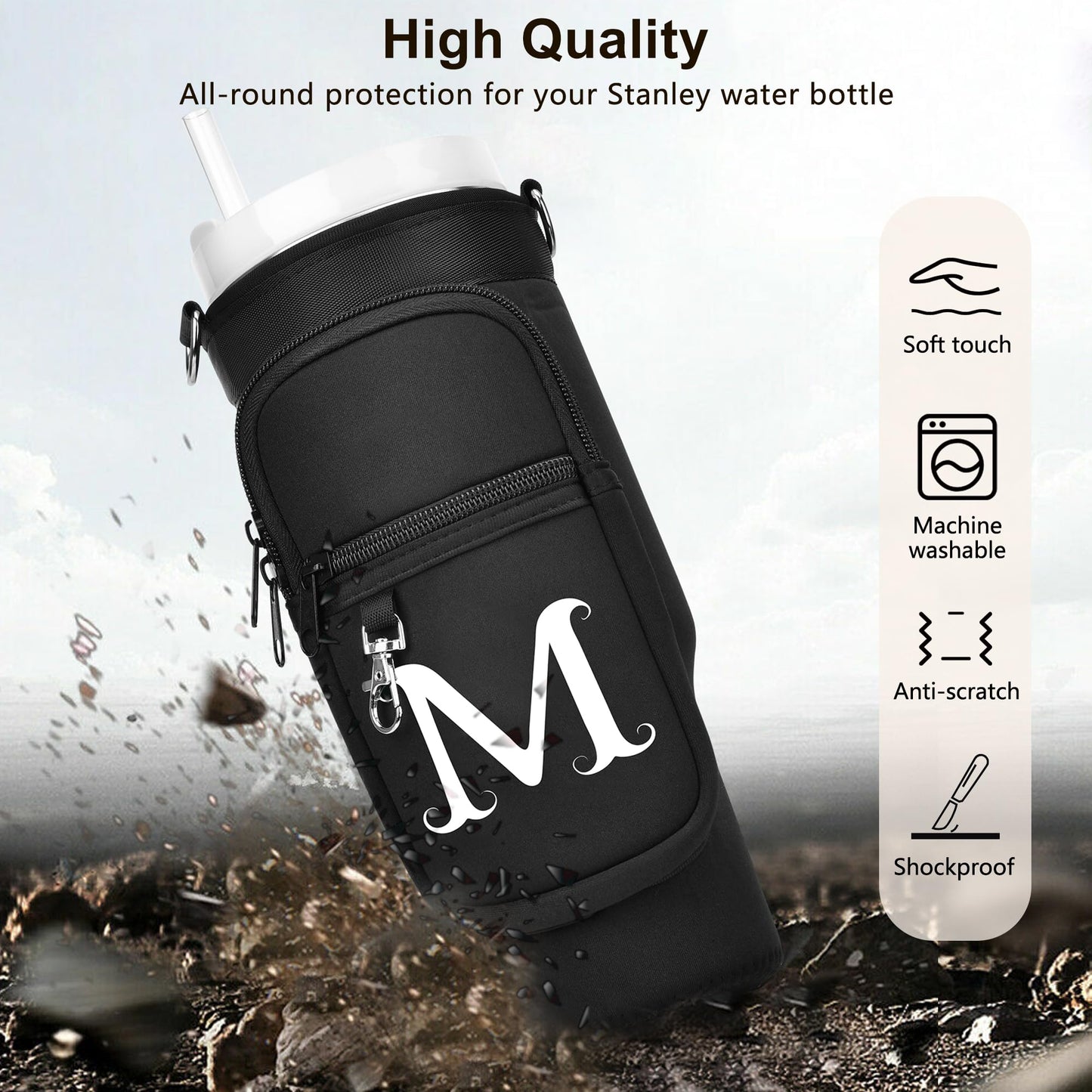 LOKASS Initial Water Bottle Holder with Upgrade Canvas Strap for Stanley 30 oz Tumbler, Gift for Mom Mother's Day Day gifts with Phone Pocket, Personalized Accessories for Stanley Cup, Black - S