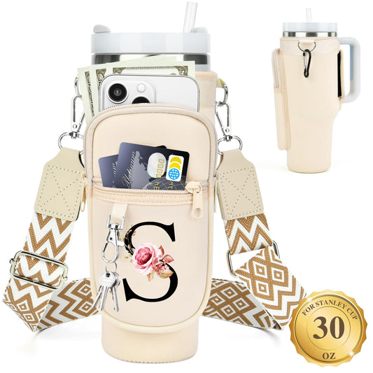 LOKASS Initial Water Bottle Holder with Upgrade Canvas Strap for Stanley 30 oz Tumbler, Gift for Mom Mother's Day Day gifts with Phone Pocket, Personalized Accessories for Stanley Cup, Cream - S