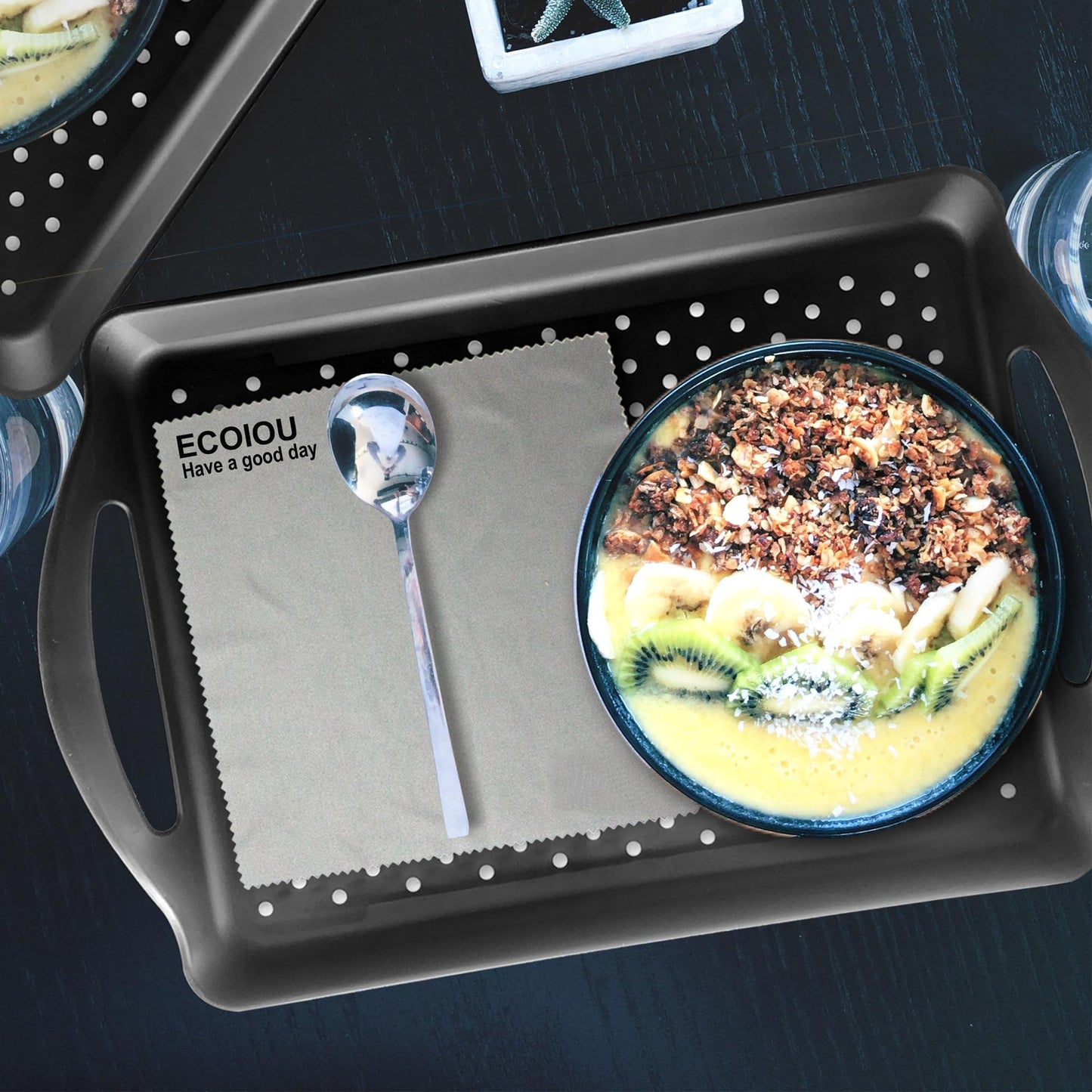 ECOIOU Non Slip Food Serving Tray with Handles, 2-Pack Rectangle Anti-Slip Non-Toxic Dishwasher Safe Tray for Snack Fruit Dessert Breakfast Drink (Black)