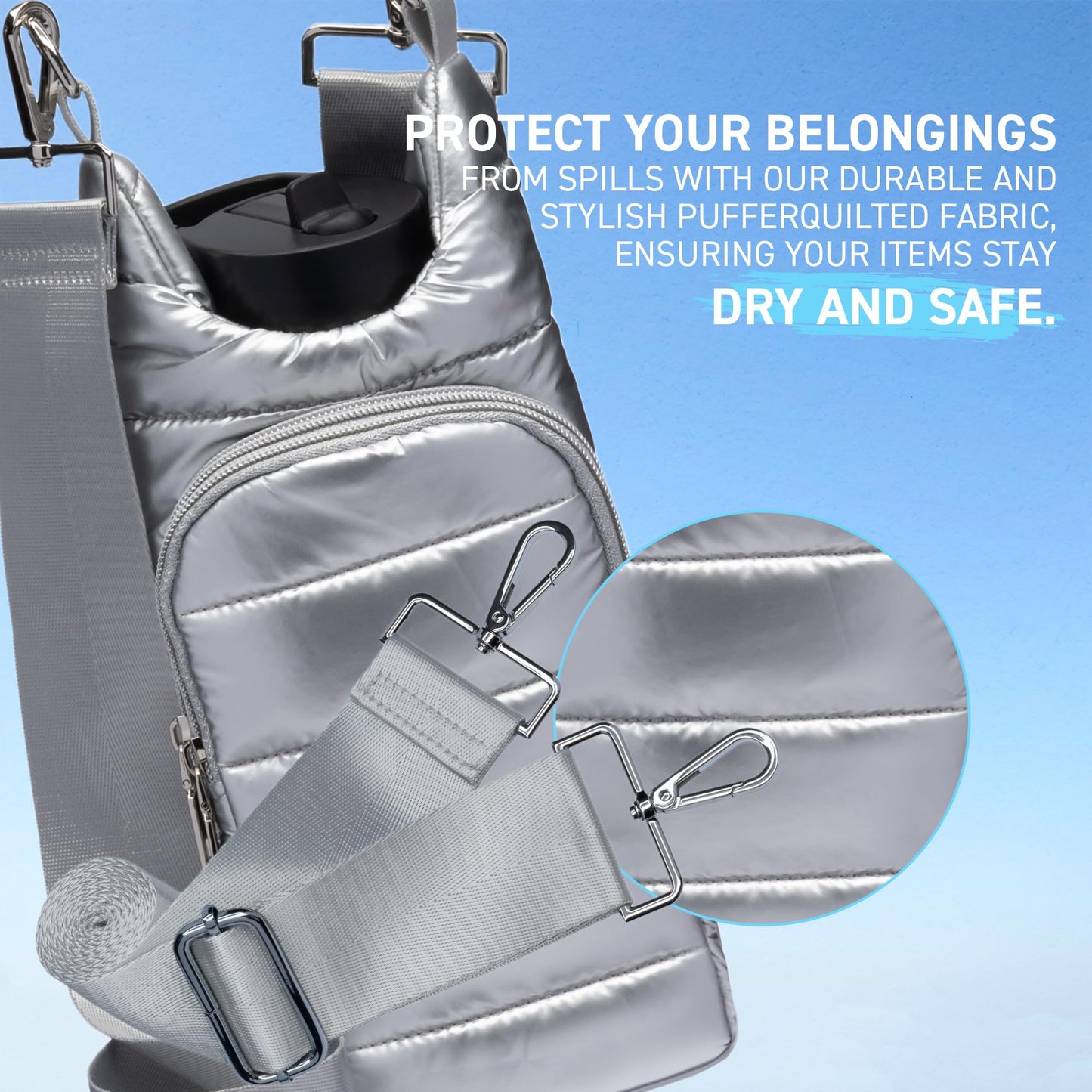 WanderFull Original Crossbody HydroBag | Quilted Water Bottle Carrier & Adjustable Strap | Puffer Tote with Two Pockets for Phone & Accessories | Carry Travel Essentials (Silver Shiny/Solid Strap)