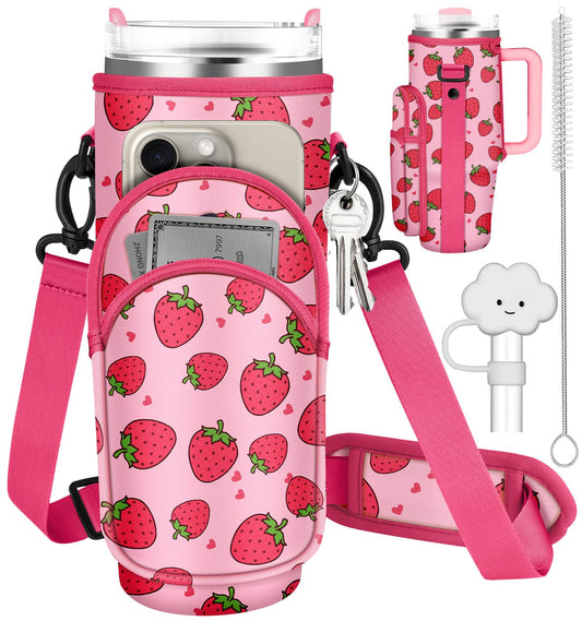 Toykee Water Bottle Holder Carrier Bag for Stanley 40 OZ Tumbler with Strap Phone Pocket, Wrap Around Drink Cup Purse Pouch with Straw Cover Cleaner Brush Accessories Strawberry Print