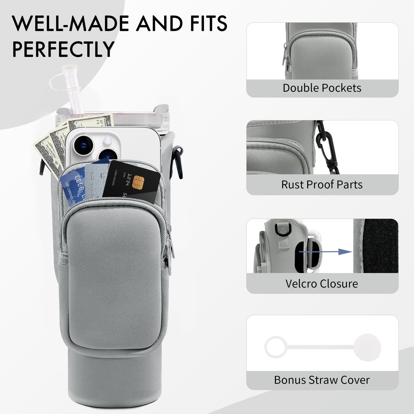 JEBEALUO Water Bottle Carrier Bag with Phone Pocket for Stanley Cup 40/30 oz, Water Bottle Holder with Adjustable Strap& Straw Cover, Stanley Cup Accessories (Grey)