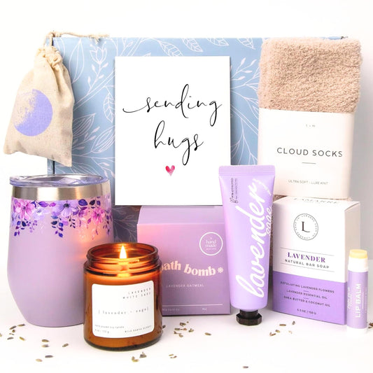 Unboxme Luxury Lavender Spa Gift Set Relaxation Gift For Women - Hand Packed Gift Basket with Scented Candle, Bath Bomb, Soap - Self Care Package with Card