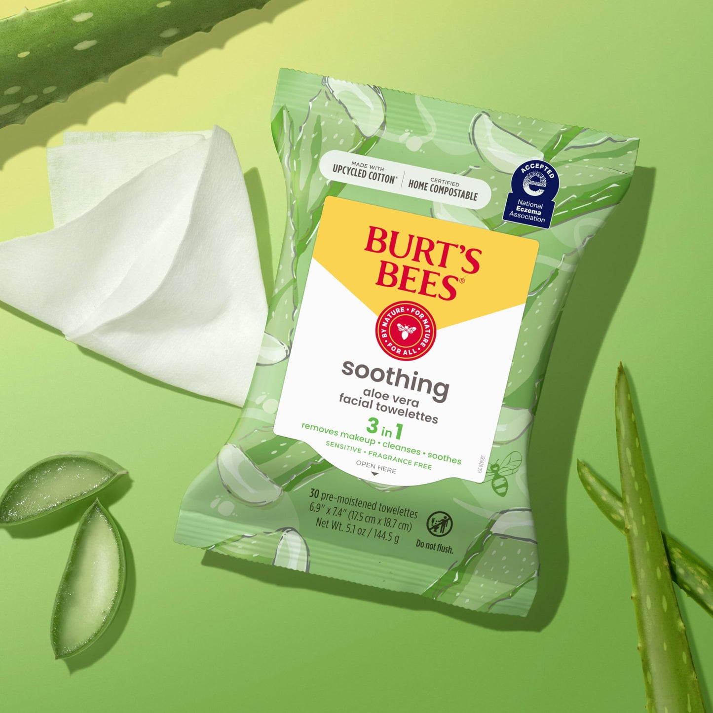 Burt's Bees Back To School Dorm Essentials, Aloe Vera Face Wipes, for Sensitive Skin, Soothing Makeup Remover & Facial Cleansing Towelettes, 30 Ct. (3-Pack)